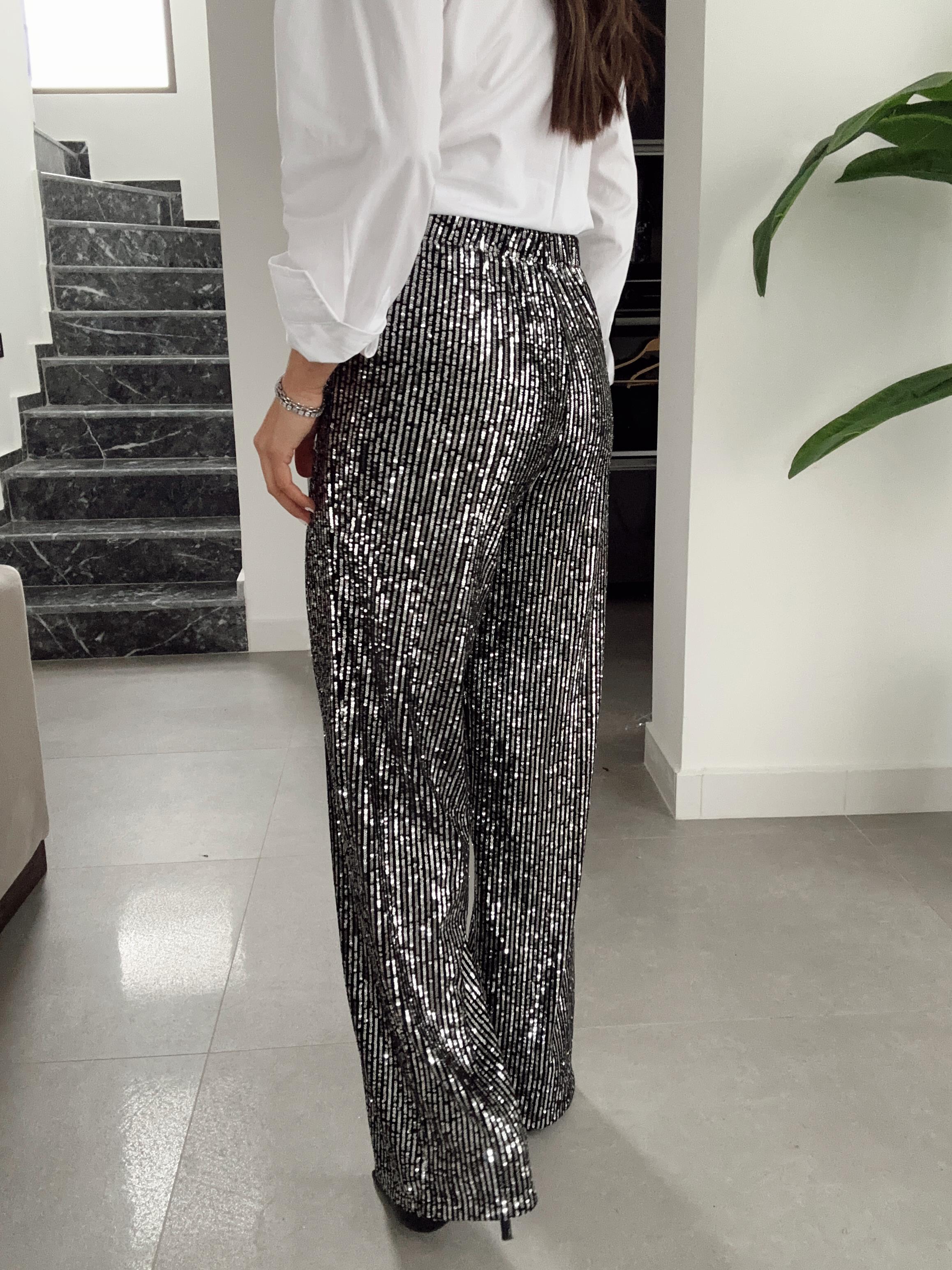 Gümüş Pullu Bol Paça Pantolon