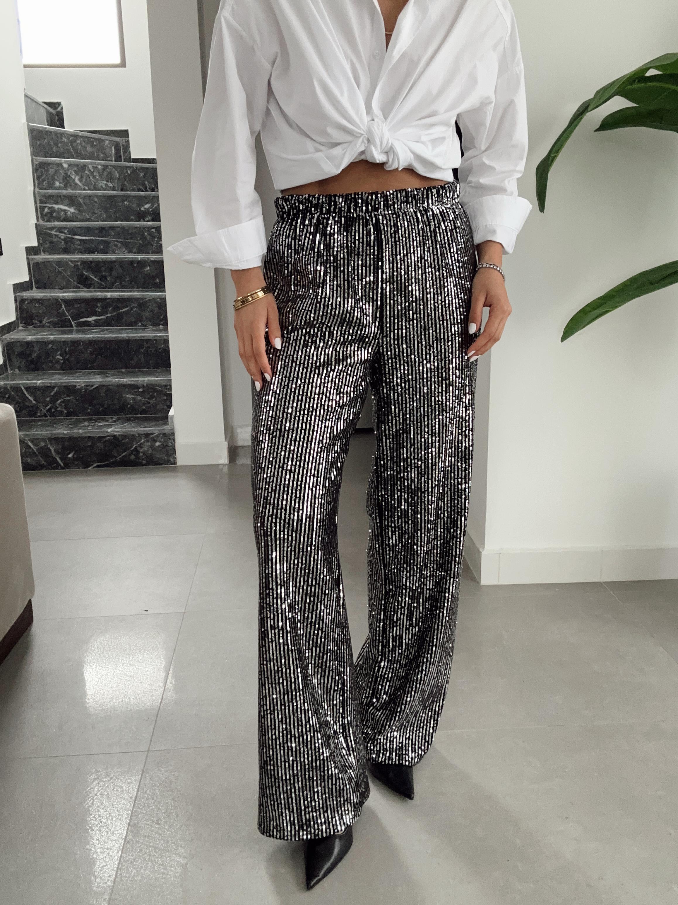 Gümüş Pullu Bol Paça Pantolon