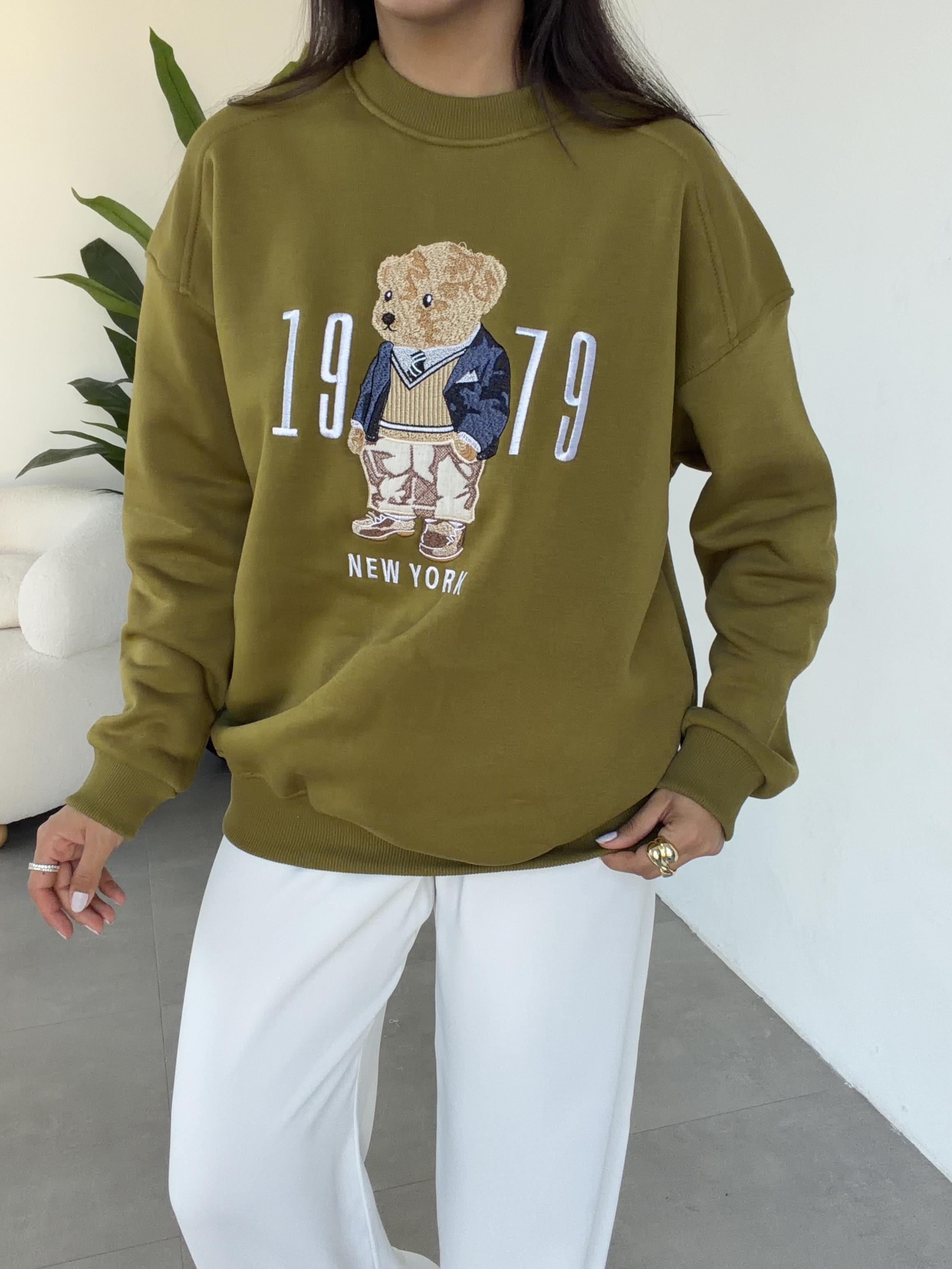 Haki Ayıcık Desenli Sweatshirt
