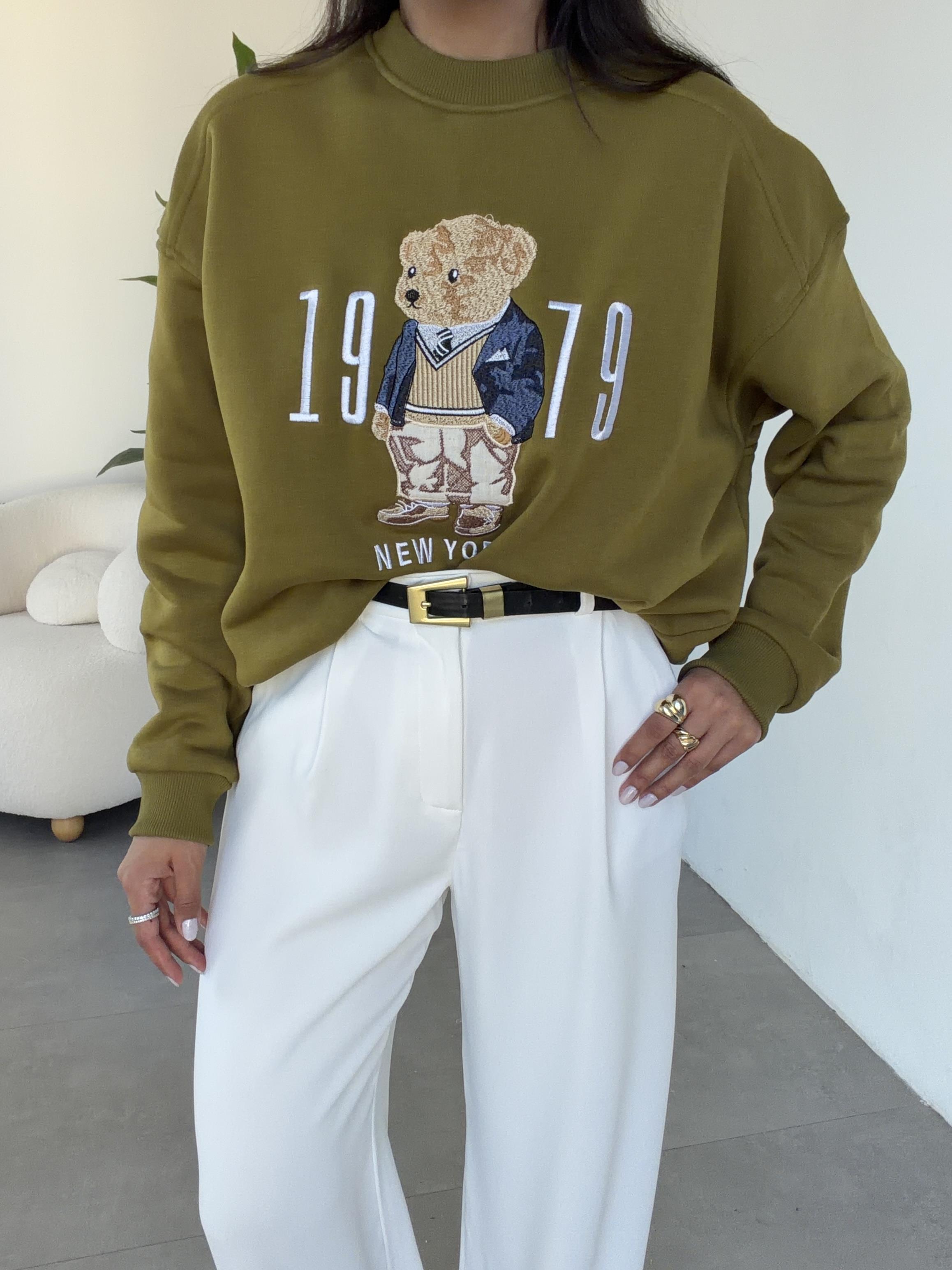 Haki Ayıcık Desenli Sweatshirt
