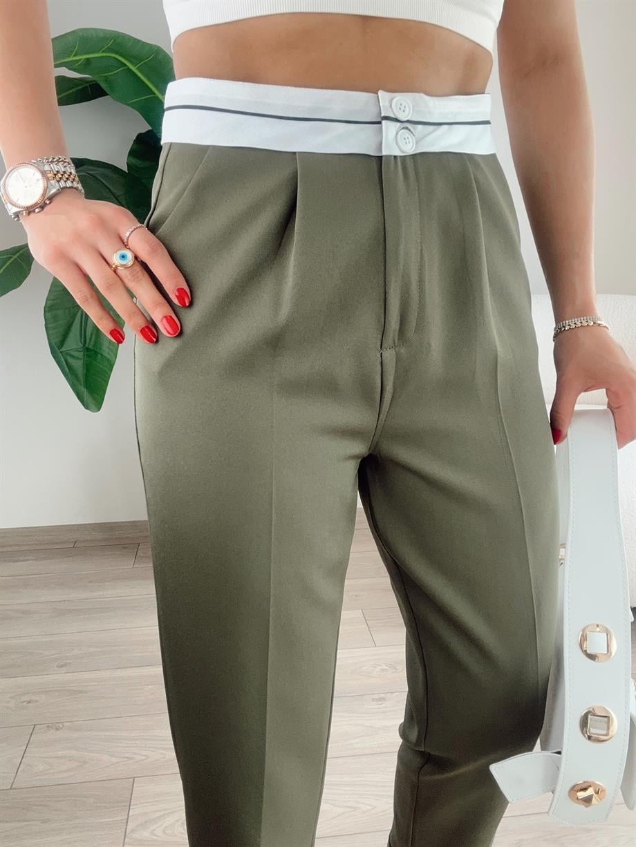 Haki Beli Kemer Detaylı Pantolon
