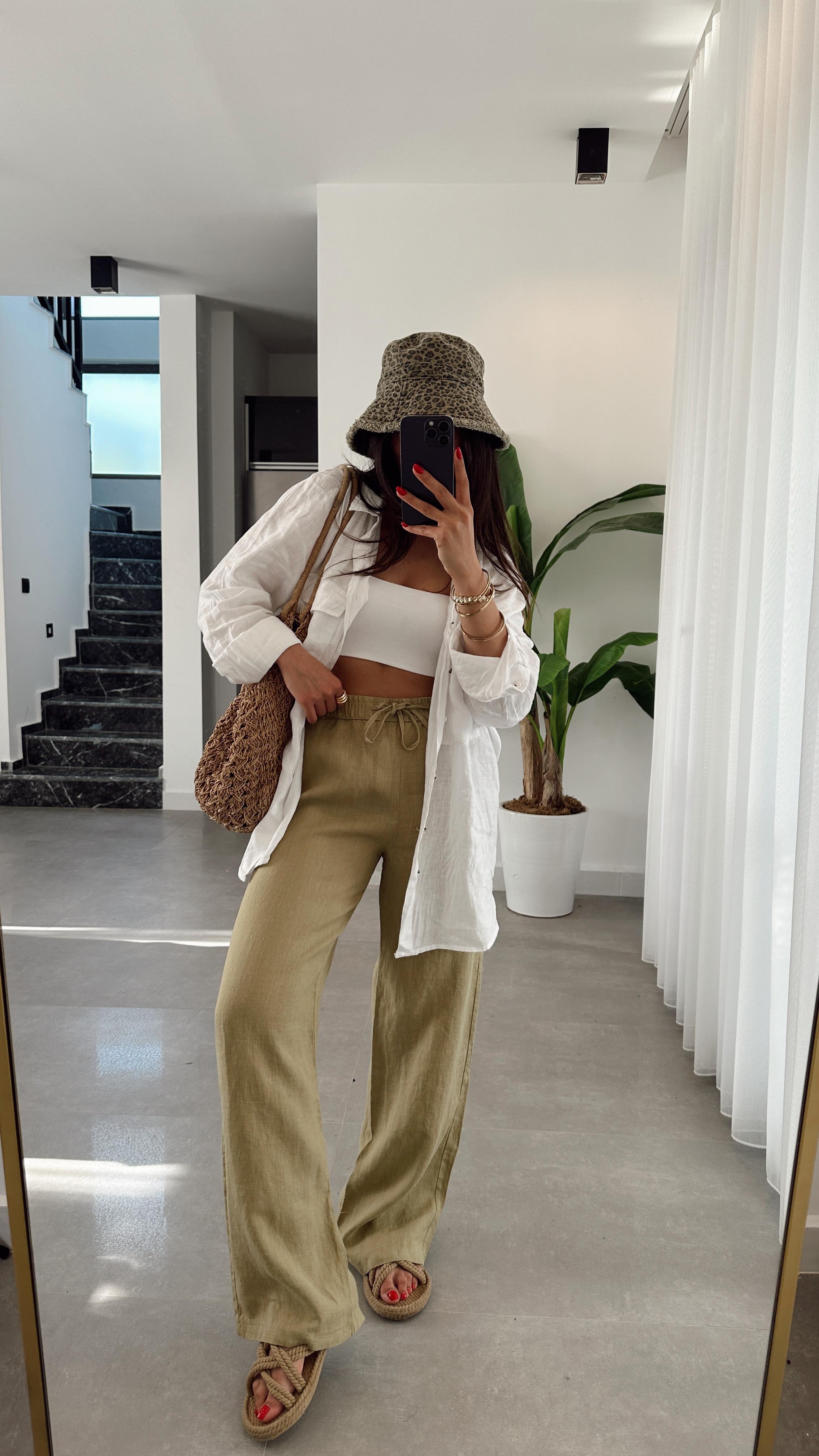 Haki Beli Lastikli Bol Paça Keten Pantolon