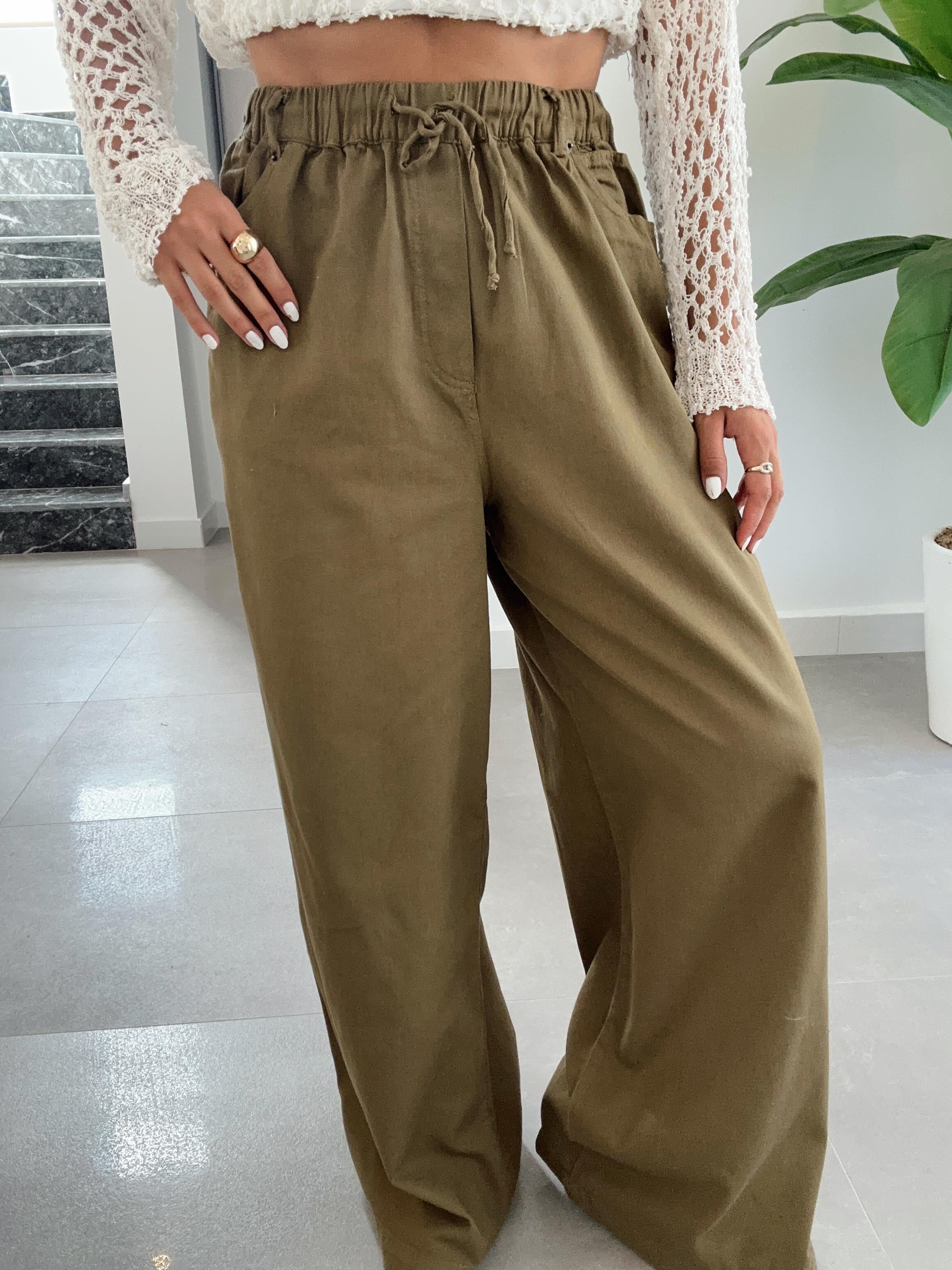 Haki Beli Lastikli Cep Detaylı Pantolon