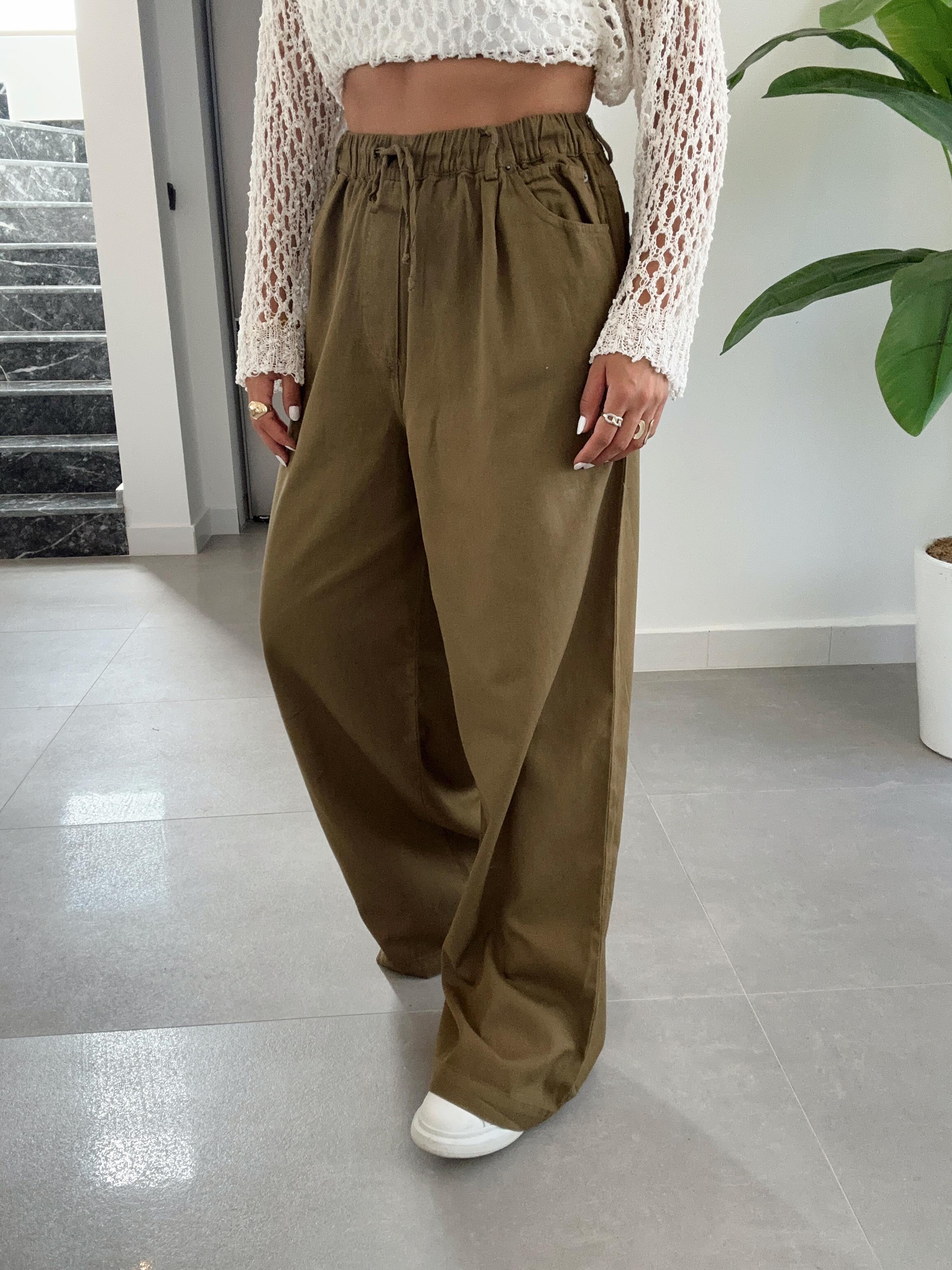 Haki Beli Lastikli Cep Detaylı Pantolon