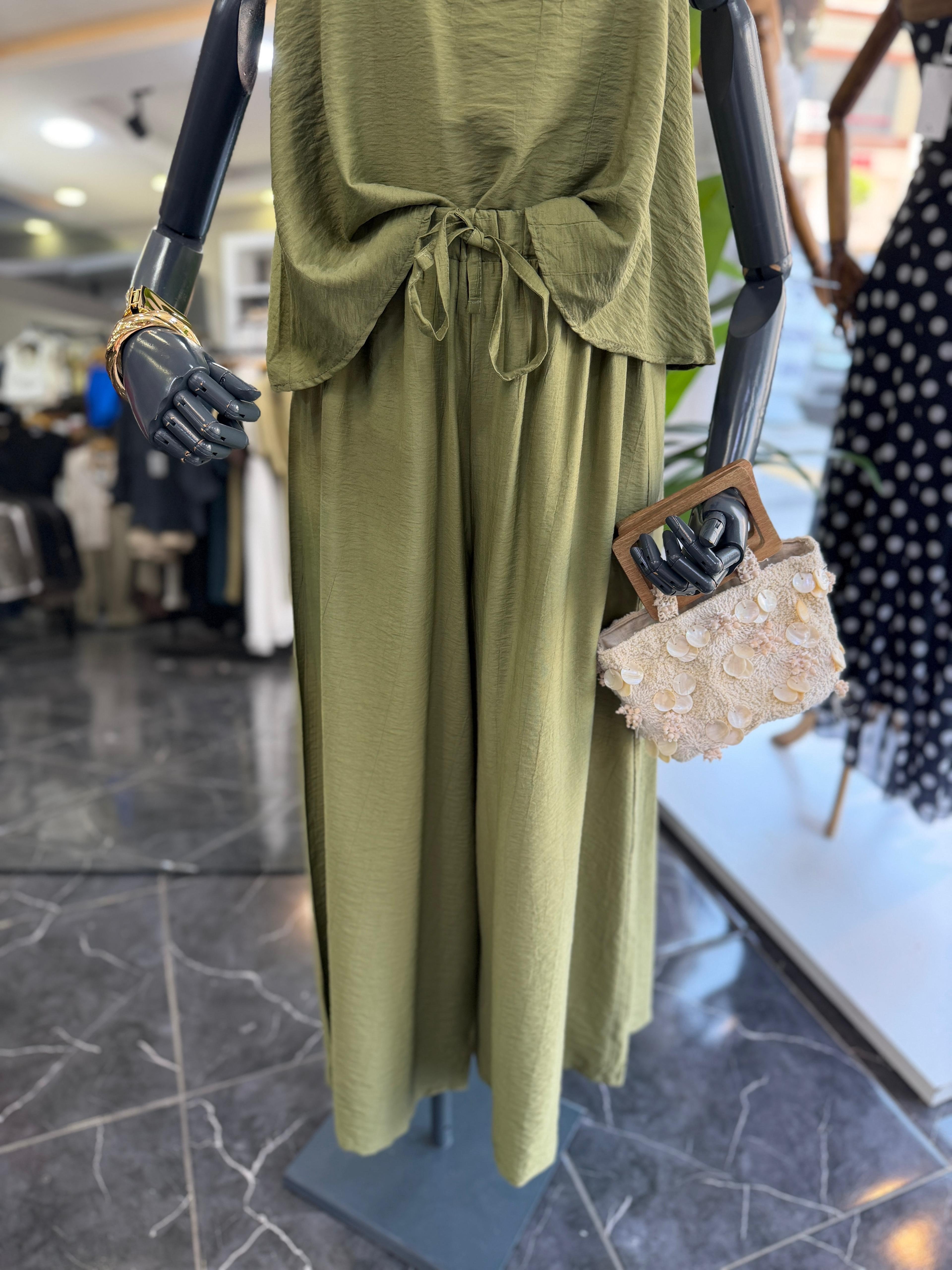 Levure Haki Beli Lastikli Su Taşı Detaylı Pantolon
