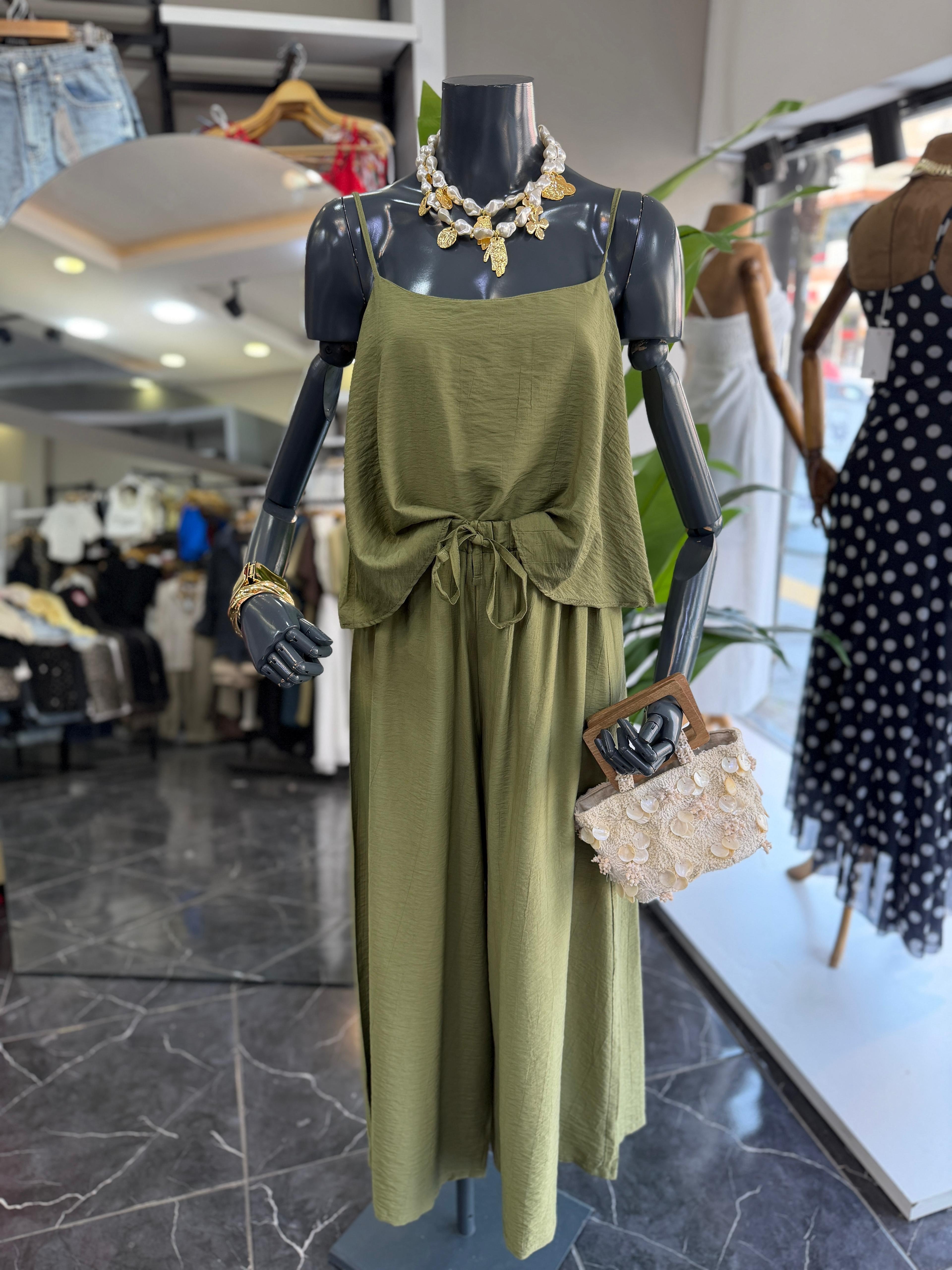 Levure Haki Beli Lastikli Su Taşı Detaylı Pantolon