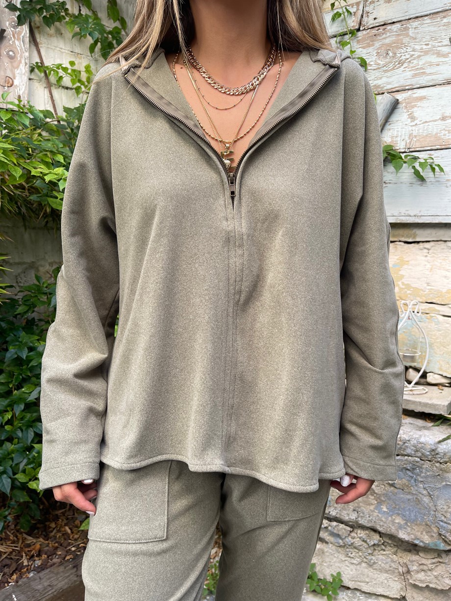 Haki Fermuar Detaylı Polar Sweatshirt