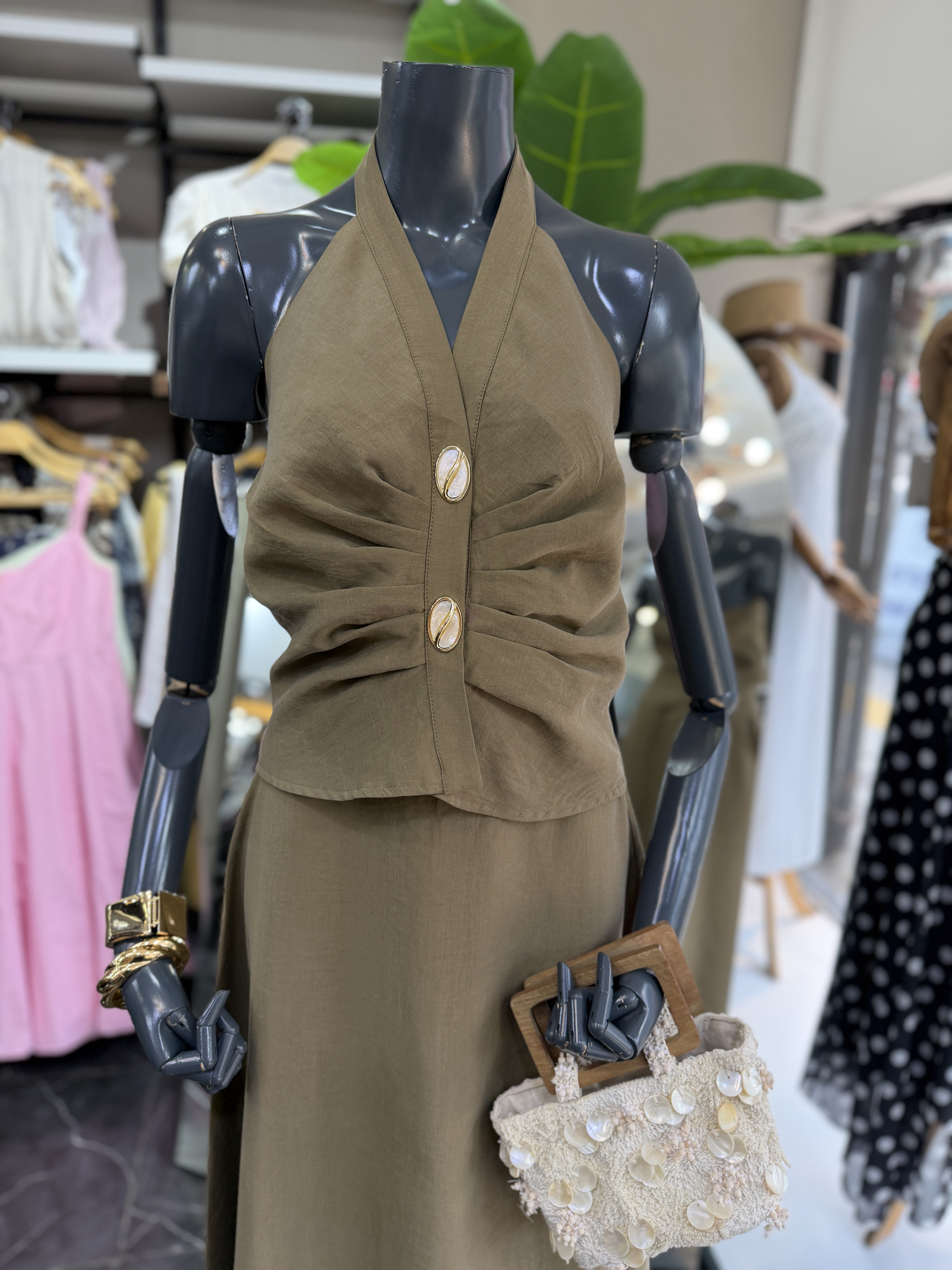 Haki Halter Yaka Taş Detaylı Bluz Etek Takım