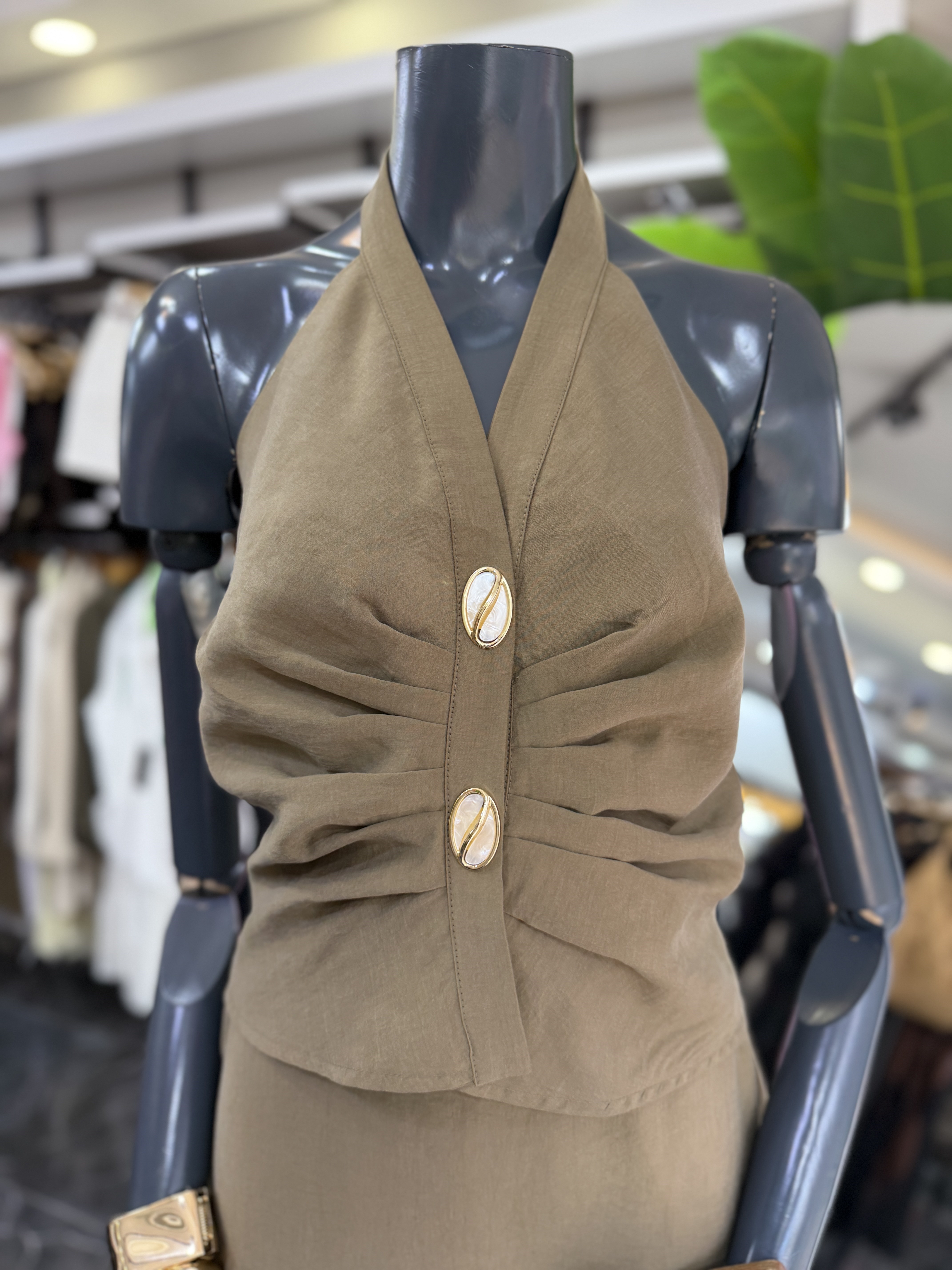 Haki Halter Yaka Taş Detaylı Bluz Etek Takım