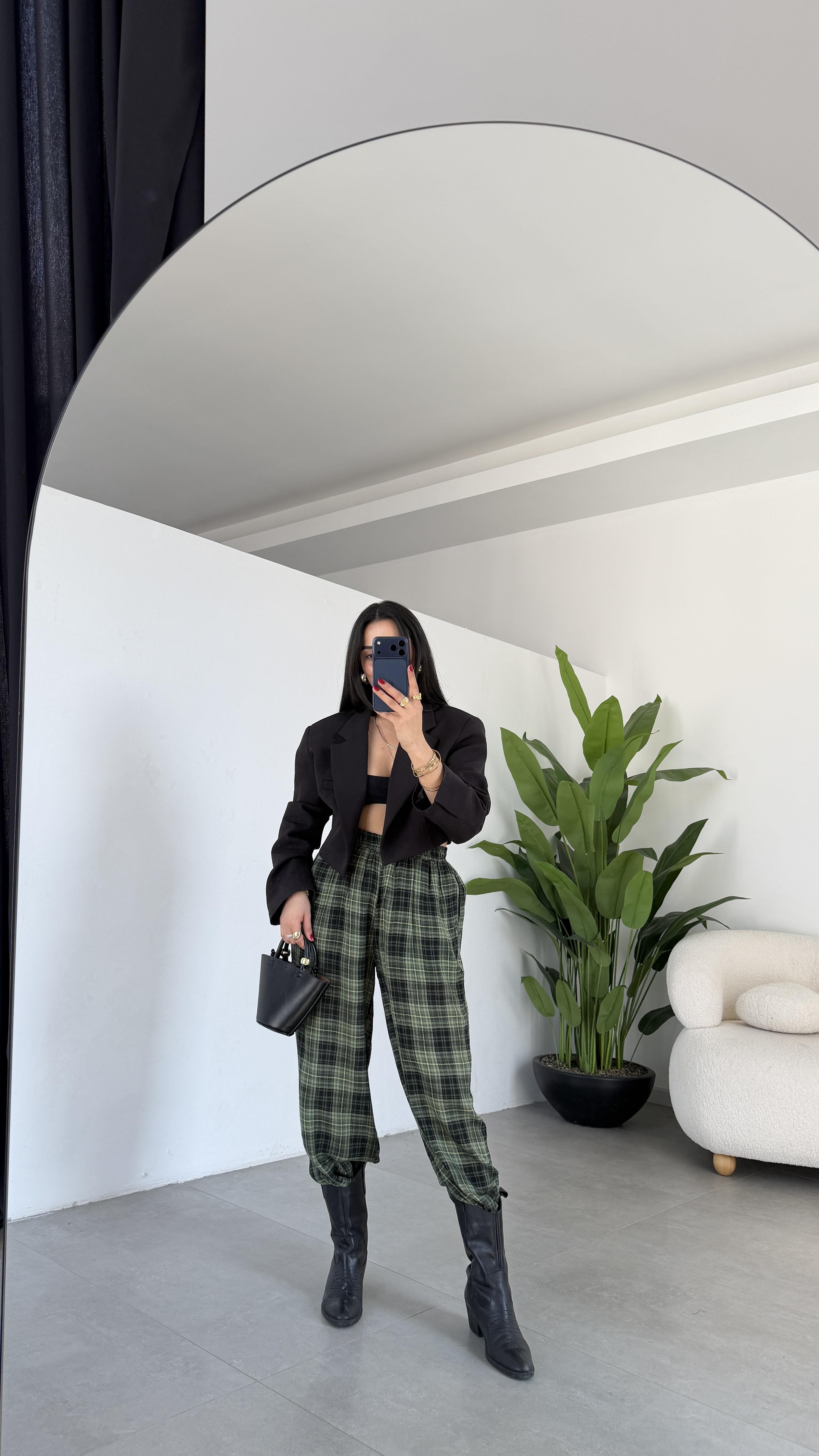 Haki Kareli Balon Pantolon