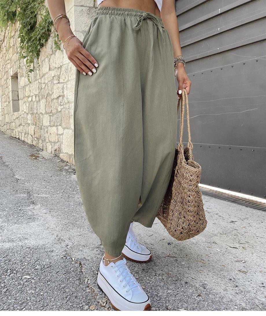 Haki Keten Şalvar Pantolon