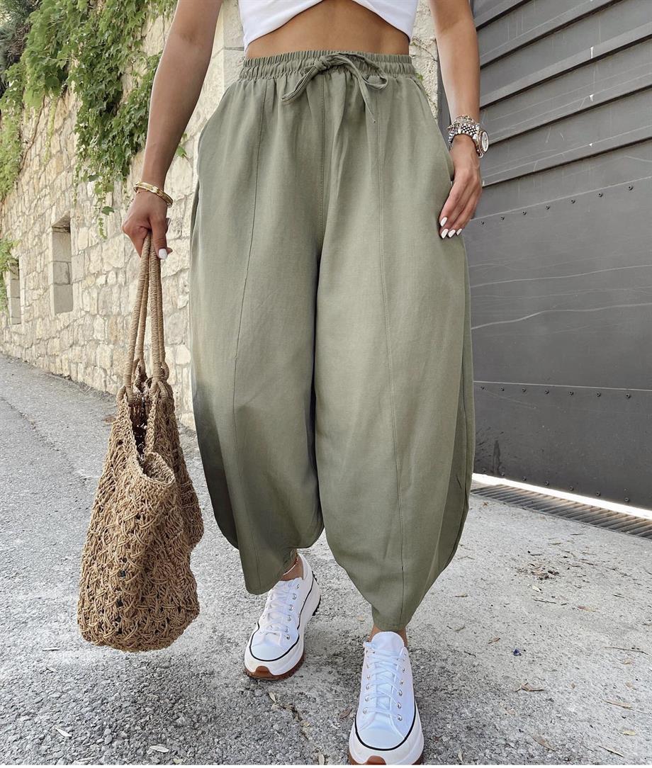 Haki Keten Şalvar Pantolon