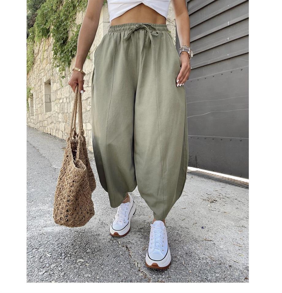 Haki Keten Şalvar Pantolon