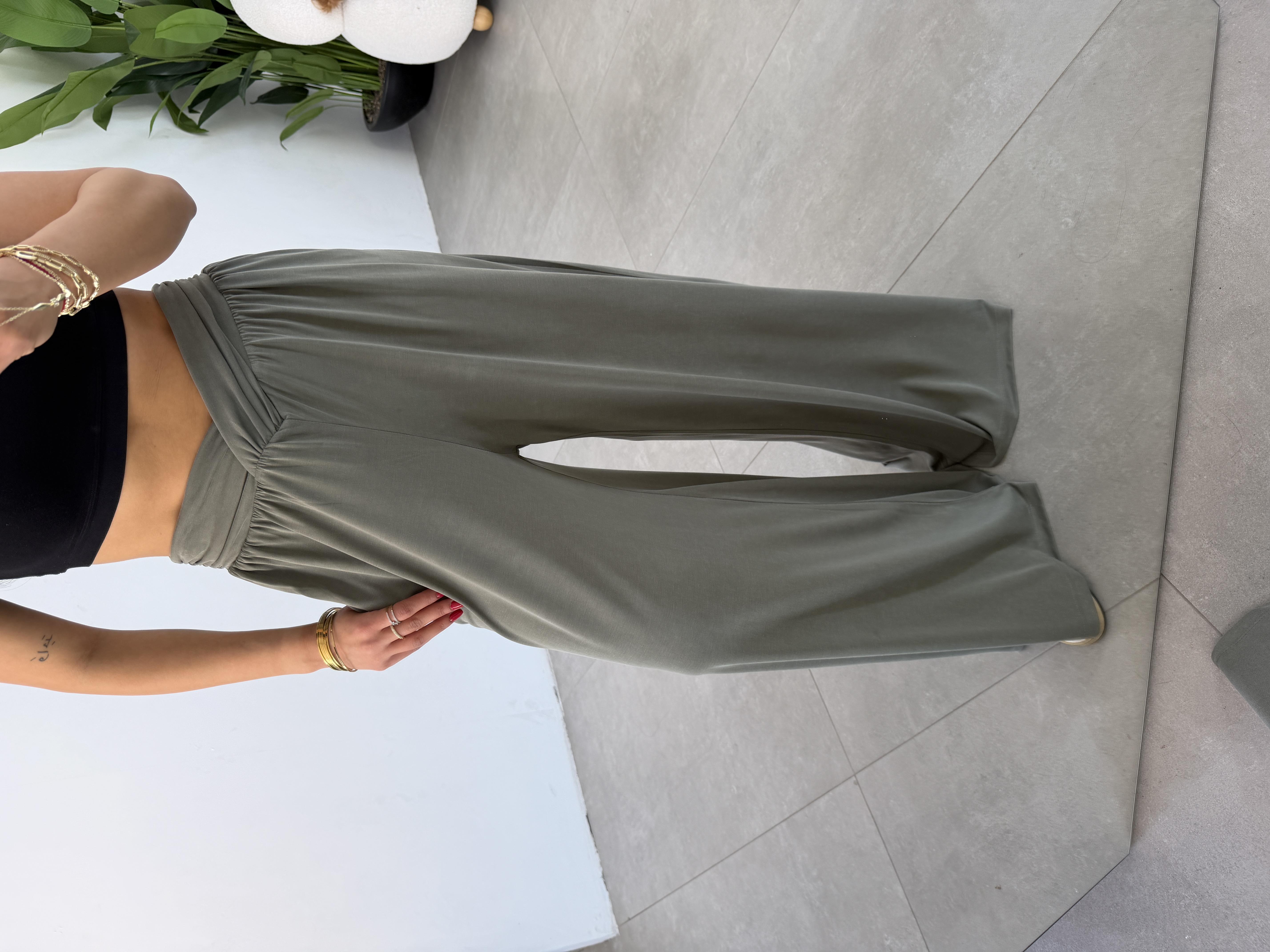 Comfort Haki Kruvaze Bel Detaylı Modal Bol Paça Pantolon