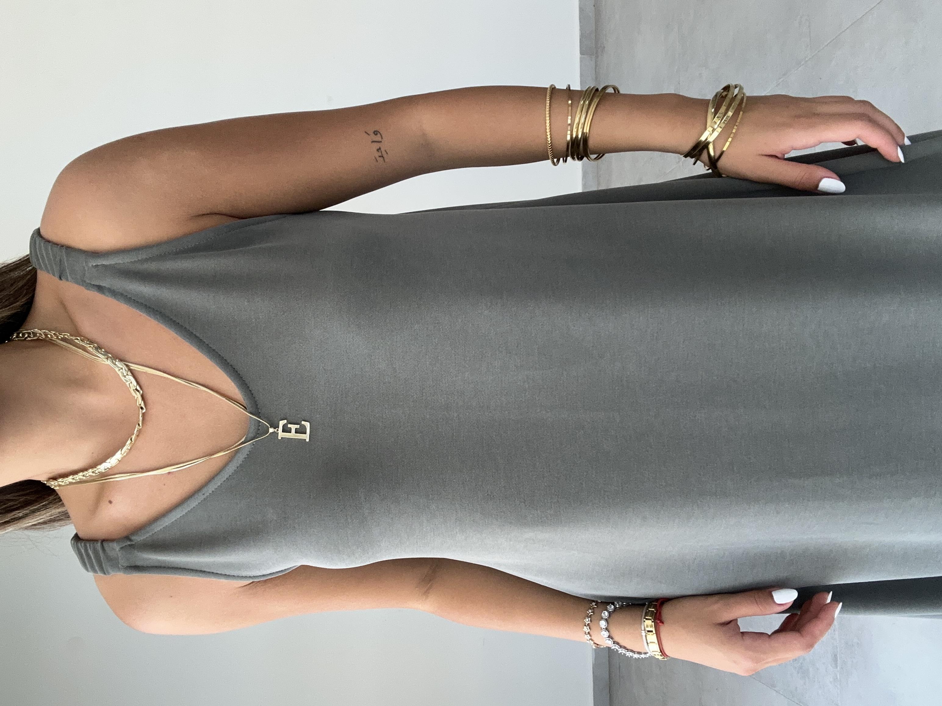 Haki Modal Büzgü Lastik Askılı Elbise