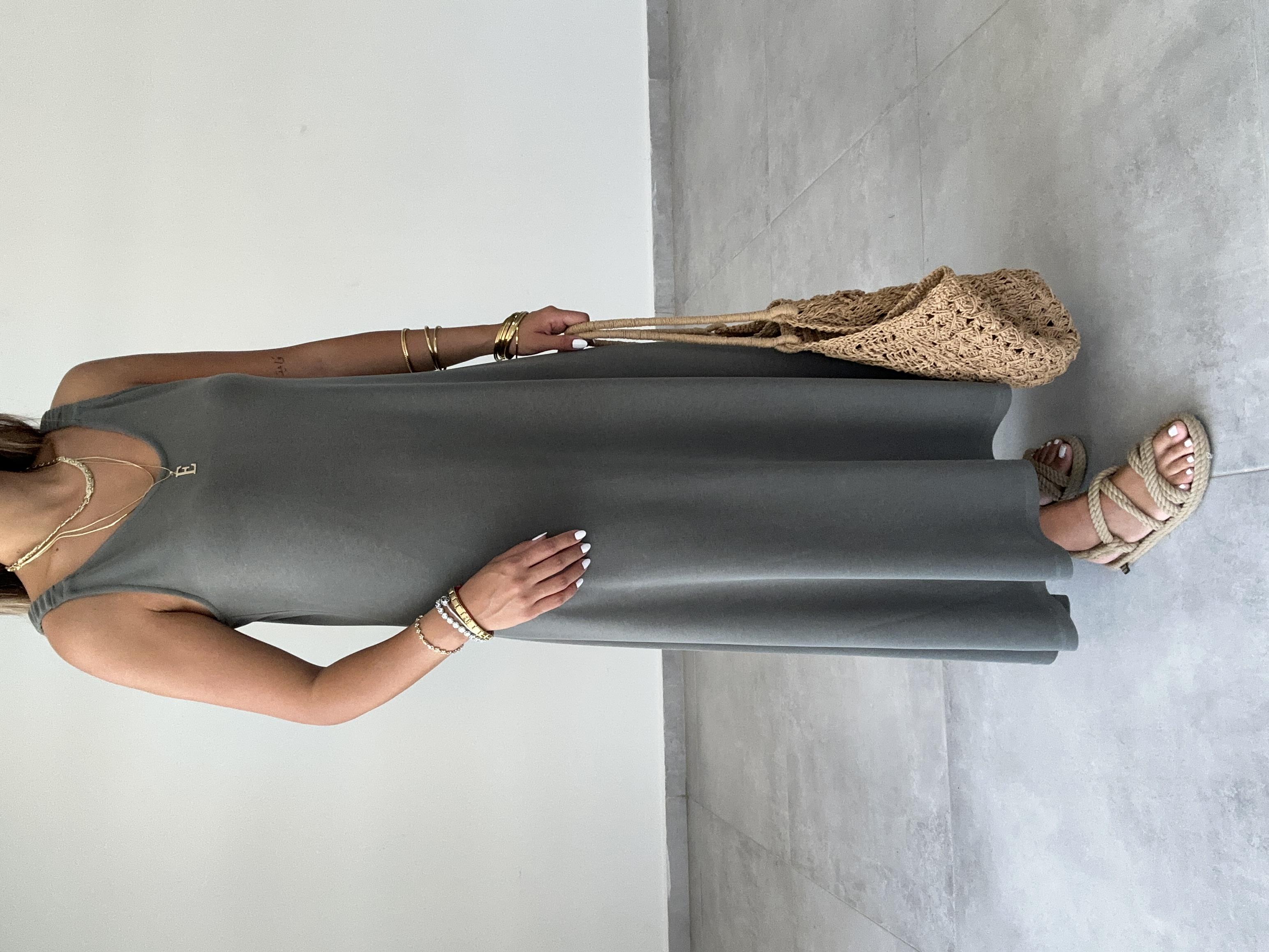 Haki Modal Büzgü Lastik Askılı Elbise