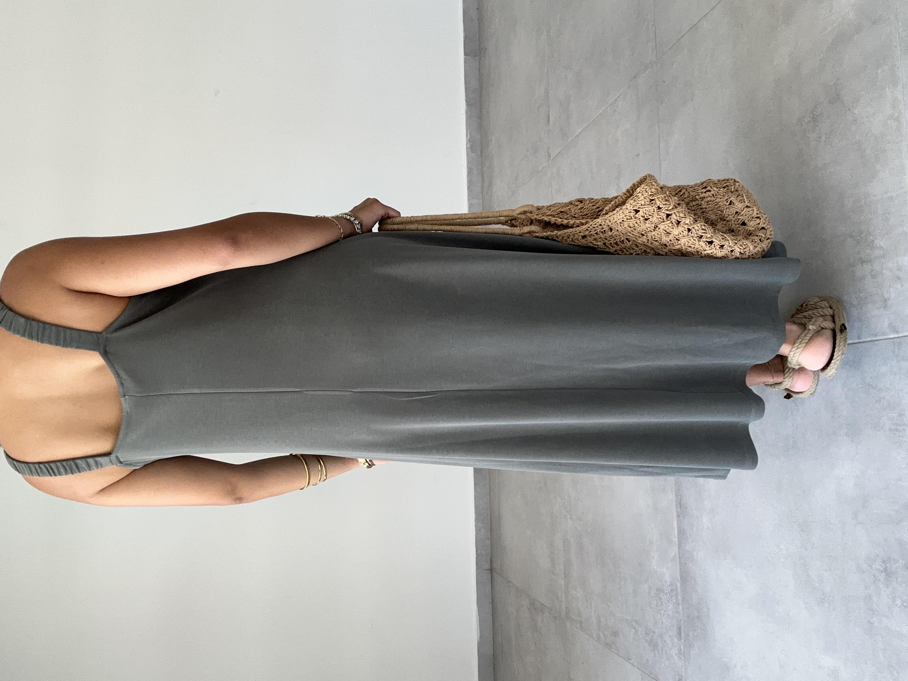 Haki Modal Büzgü Lastik Askılı Elbise