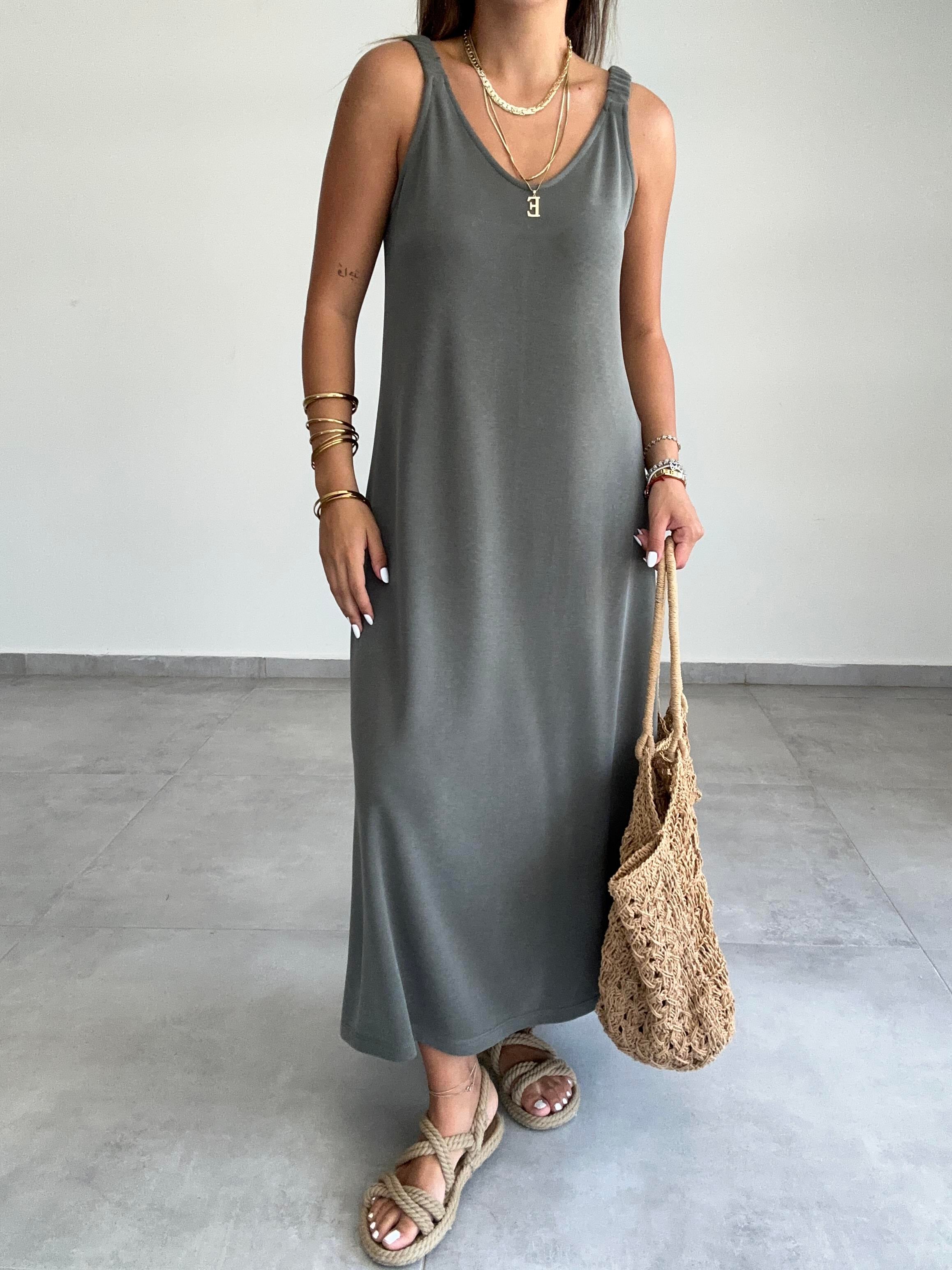 Haki Modal Büzgü Lastik Askılı Elbise