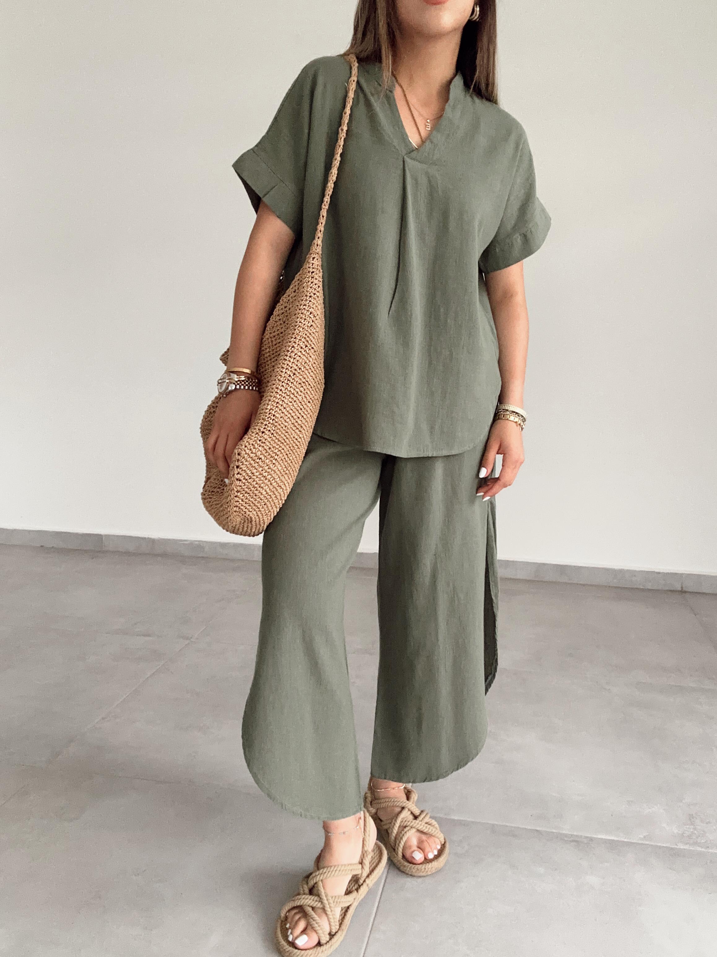 Haki Pamuk Keten Hakim Yaka Bluz