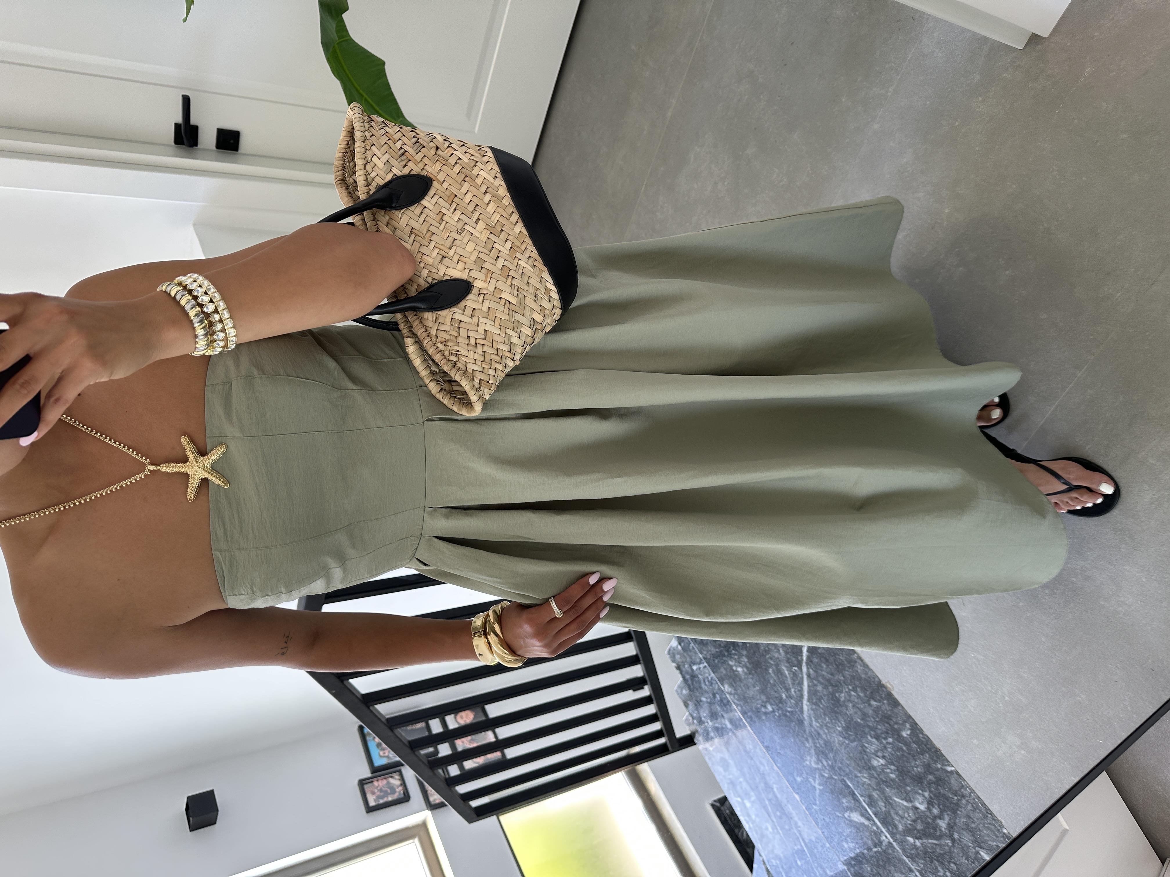 Haki Poplin Kumaş Straplez Elbise