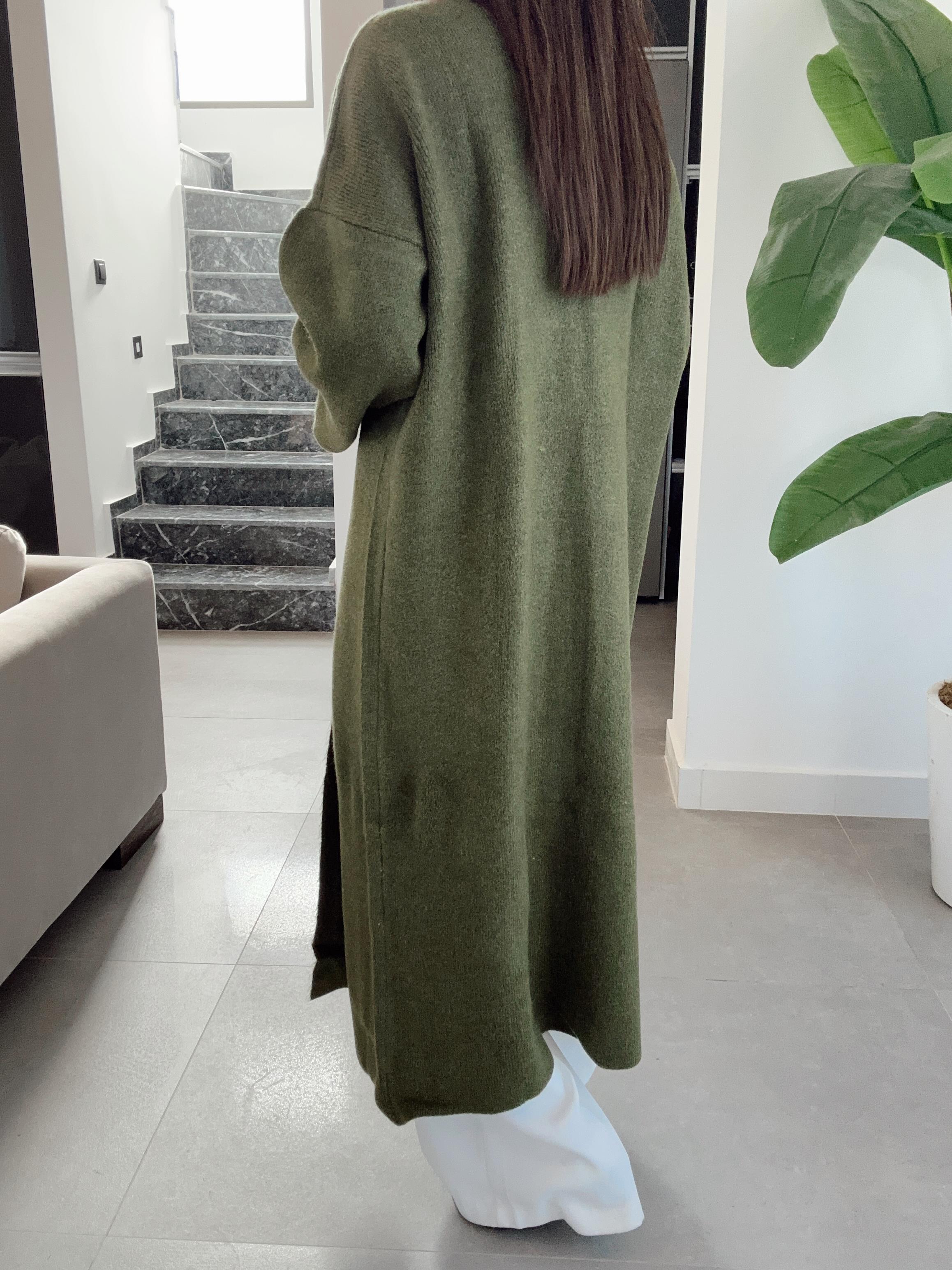 Haki Uzun Salaş Maxi Triko Hırka