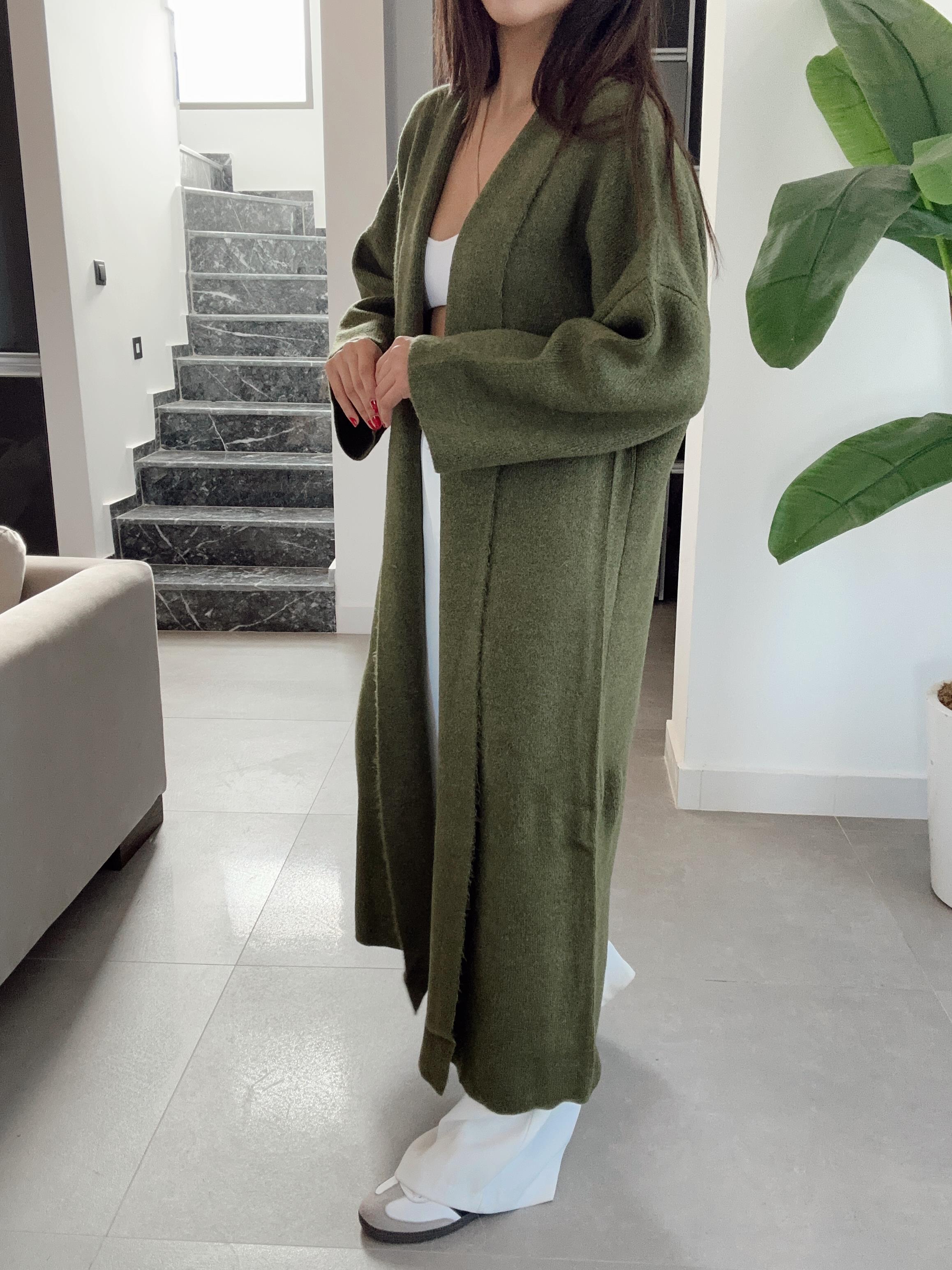 Haki Uzun Salaş Maxi Triko Hırka