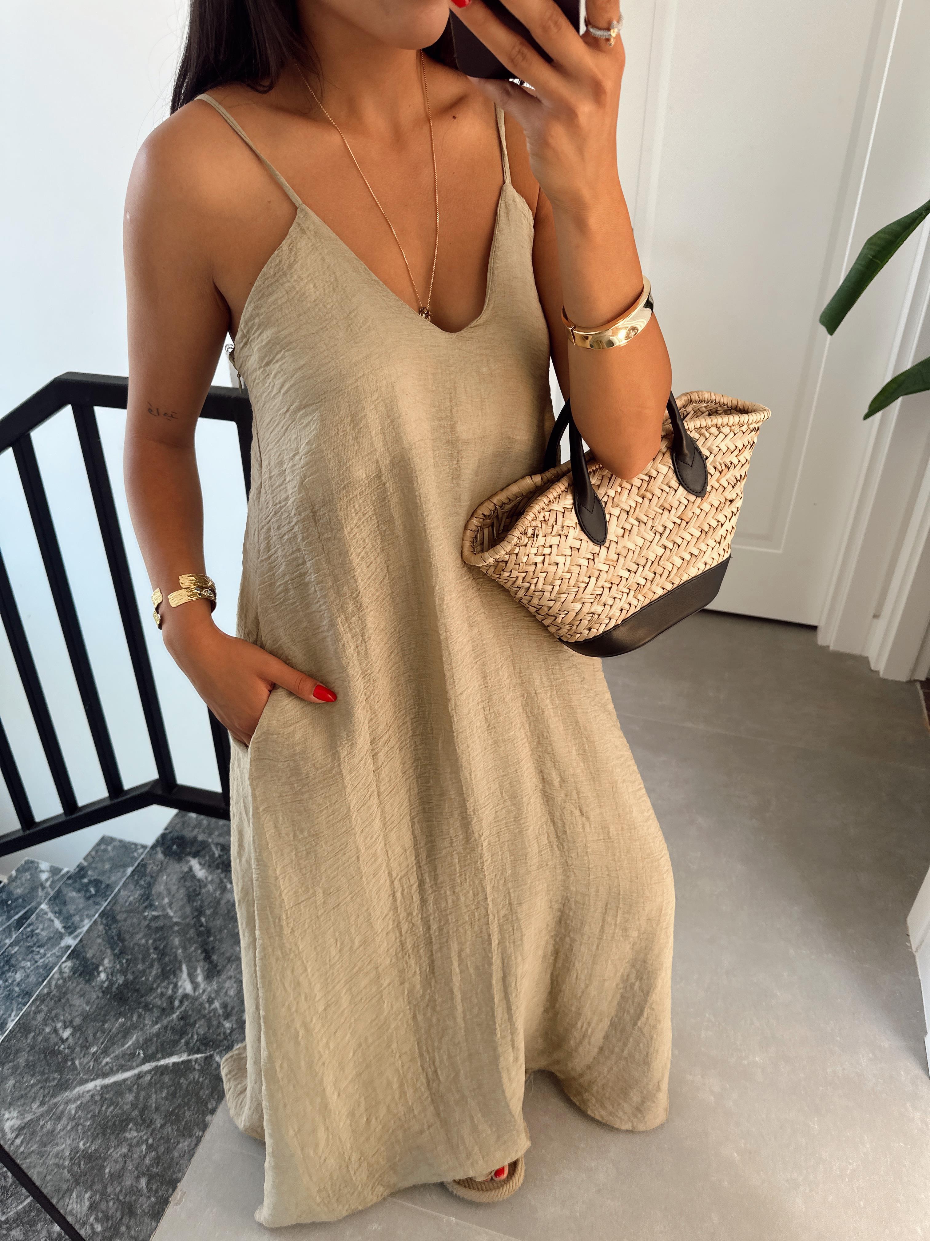 Haki V Yaka İp Askılı Elbise