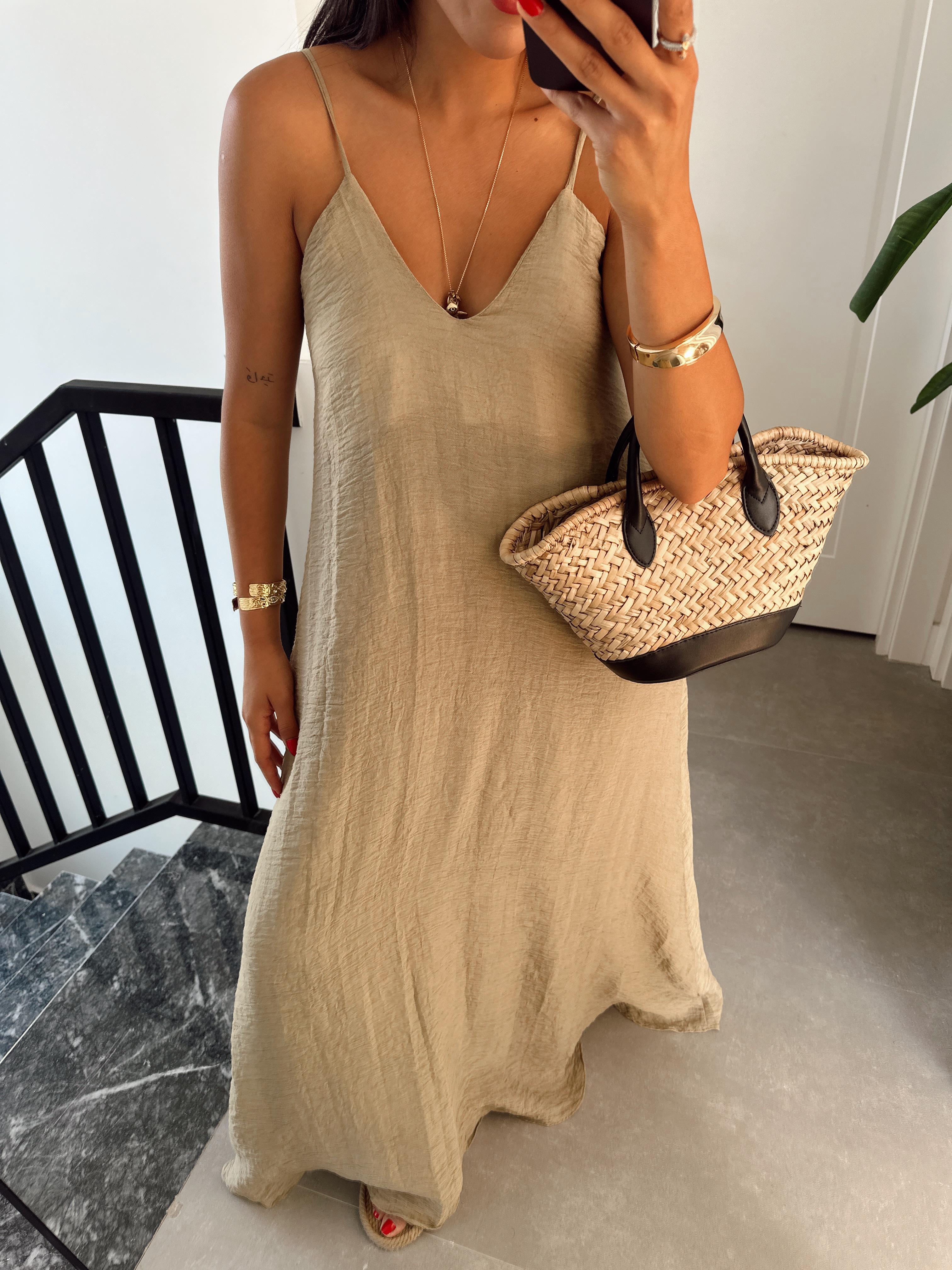 Haki V Yaka İp Askılı Elbise