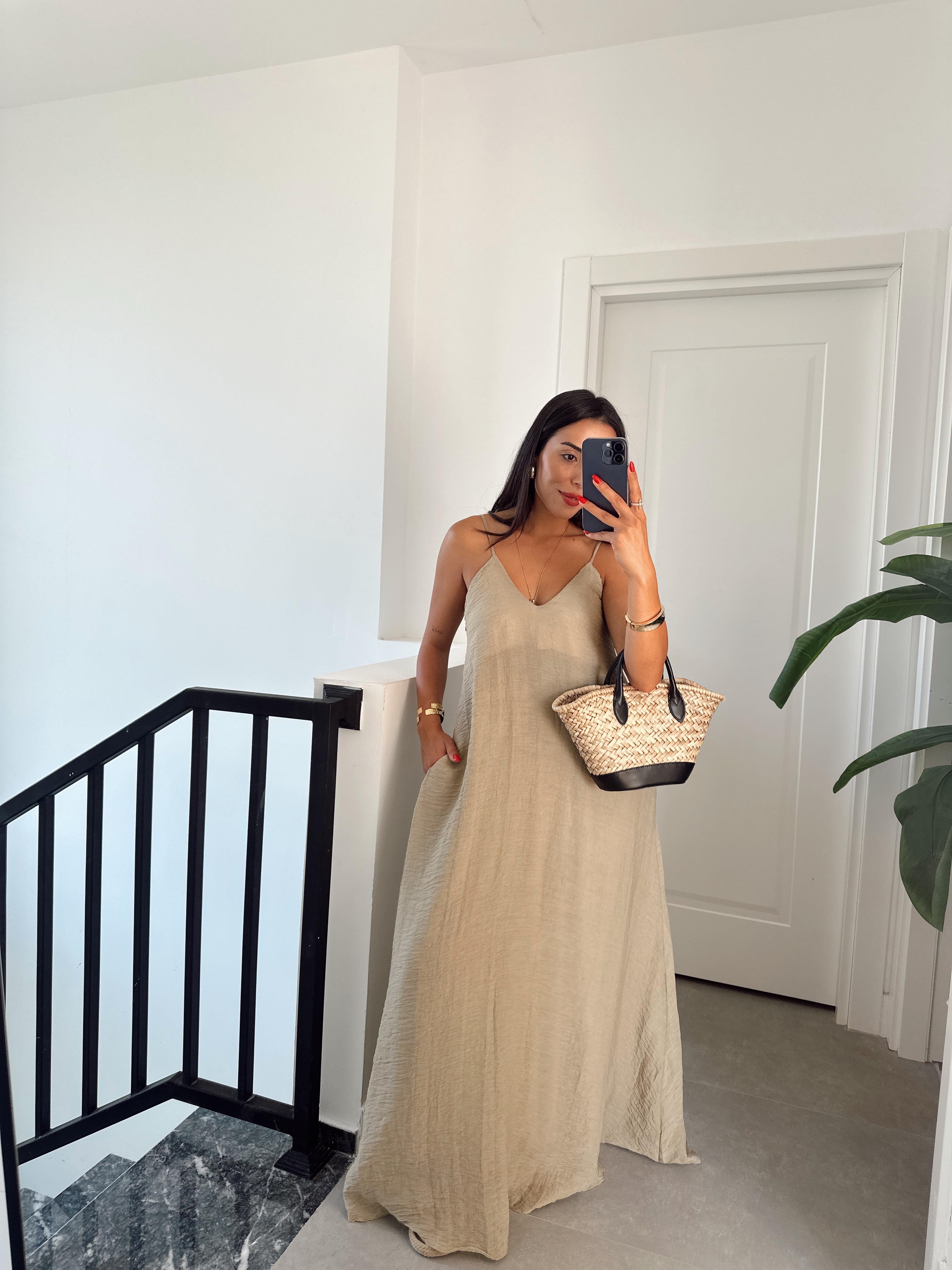 Haki V Yaka İp Askılı Elbise