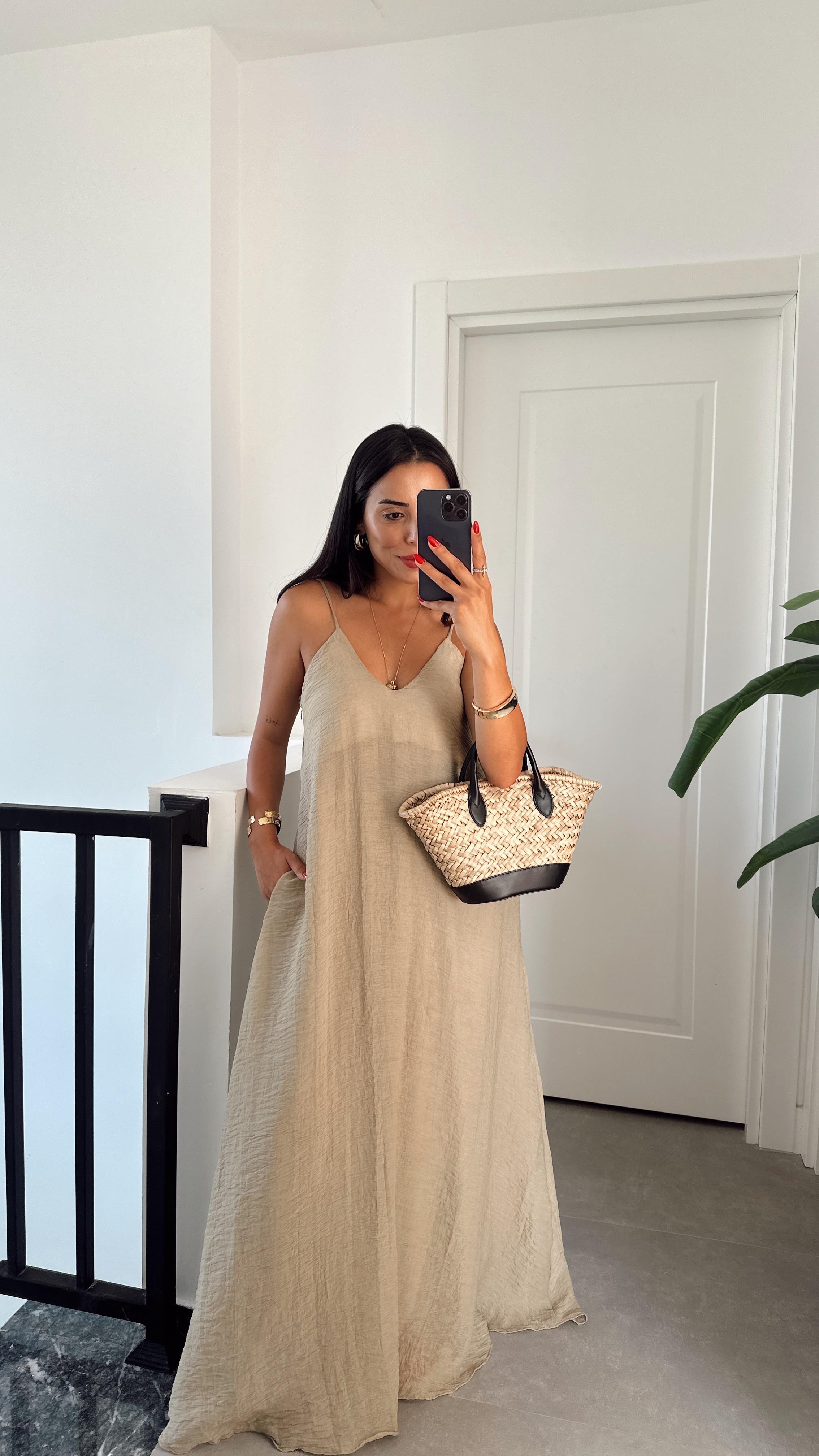 Haki V Yaka İp Askılı Elbise