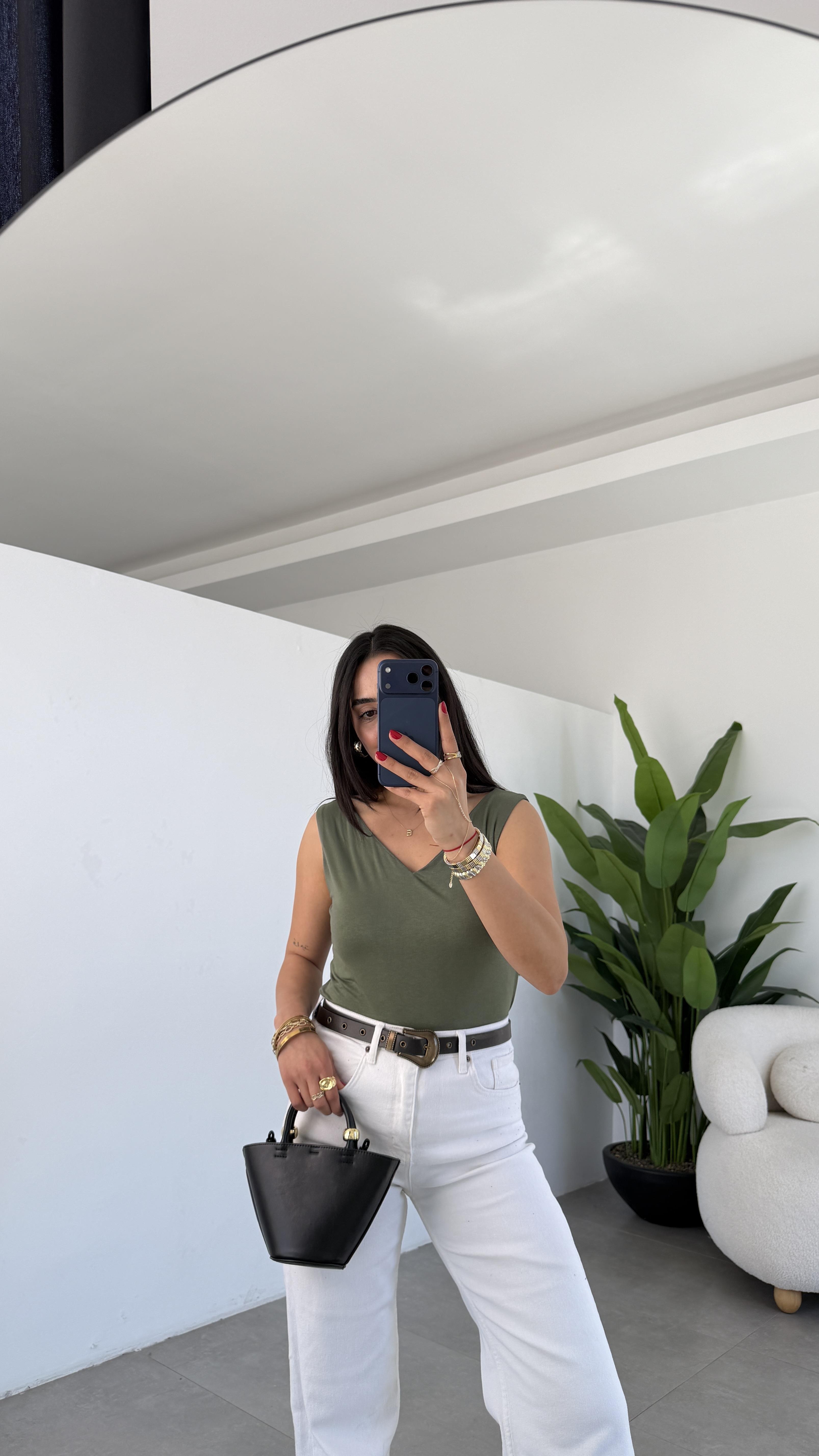 Haki Viskon Ön Arka V Yaka Bluz