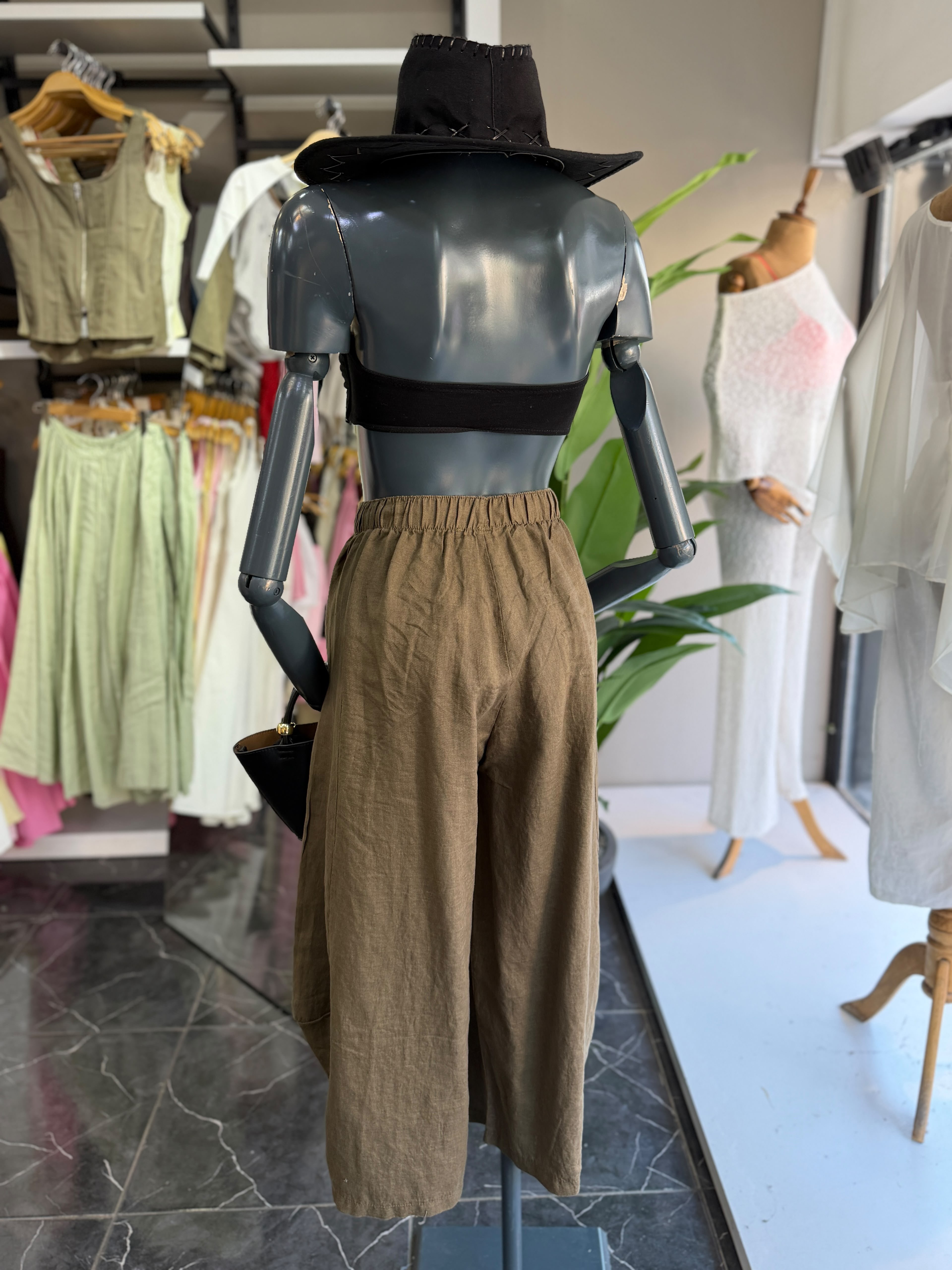 Haki Yan Parçalı Keten Pantolon