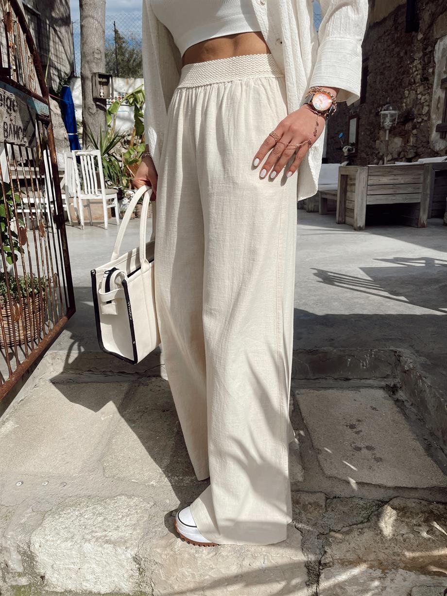 Ham Ekru Beli Lastikli Bol Paça Pantolon