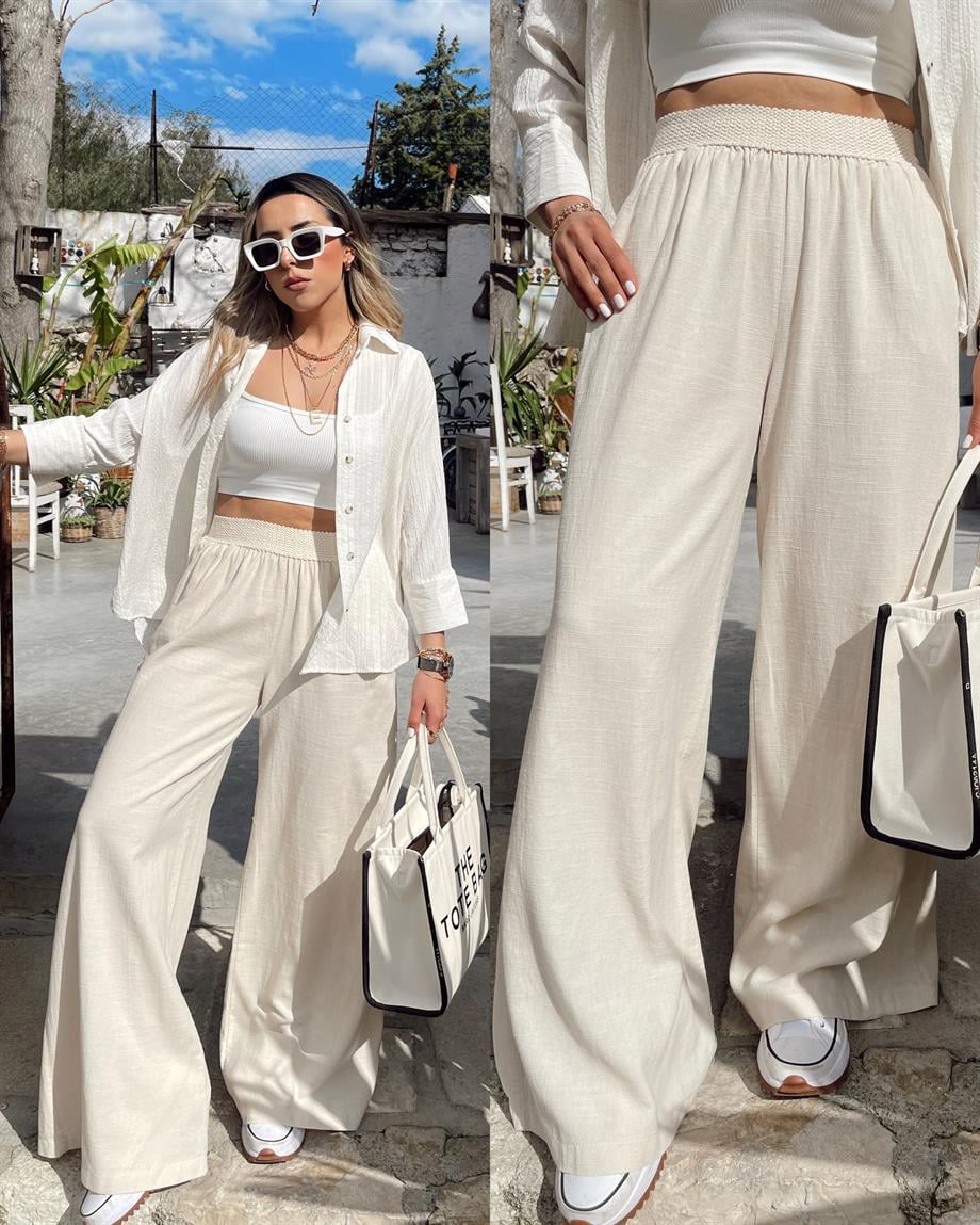 Ham Ekru Beli Lastikli Bol Paça Pantolon