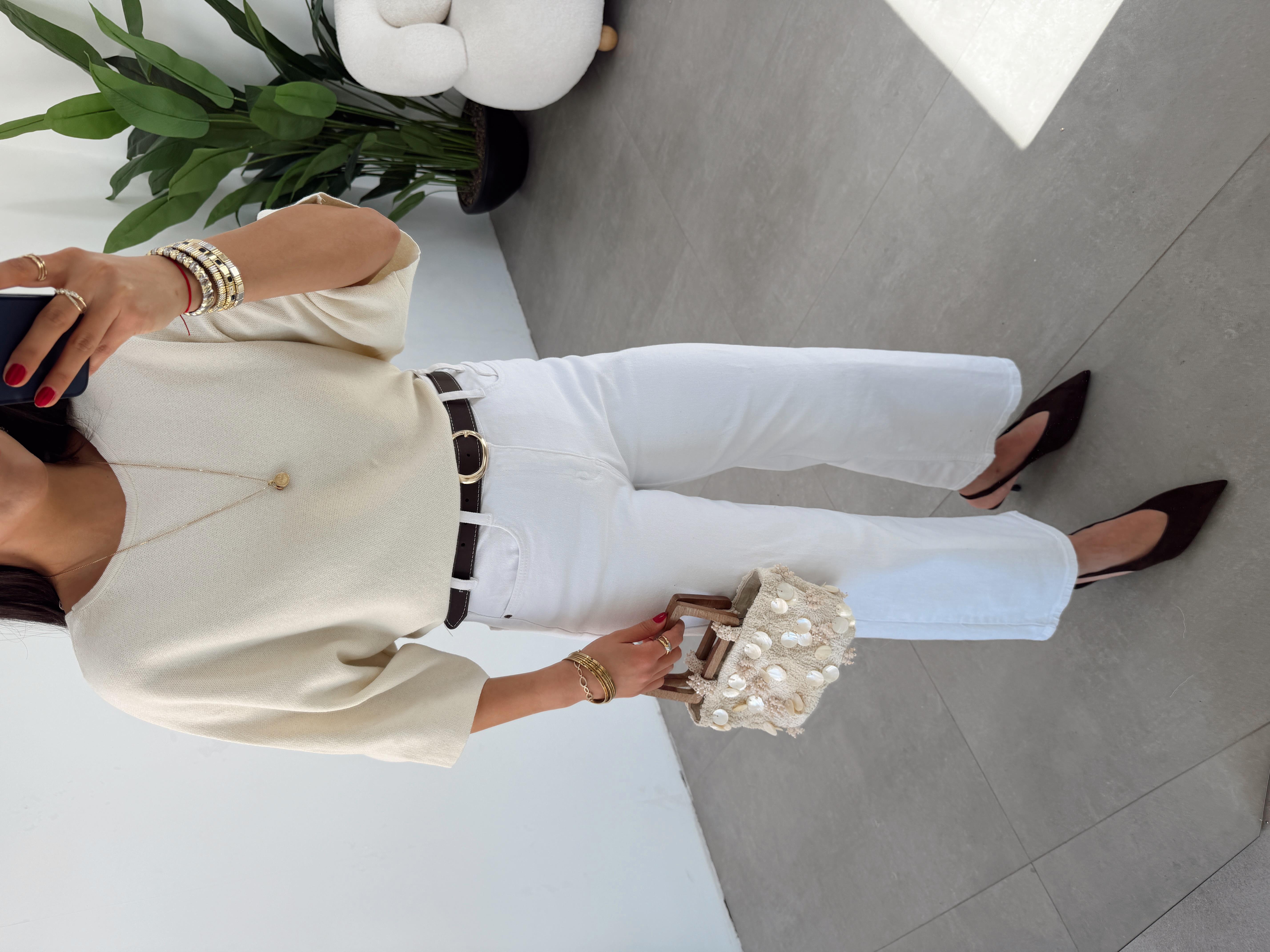 Ham Ekru Dantel Detaylı Triko Bluz