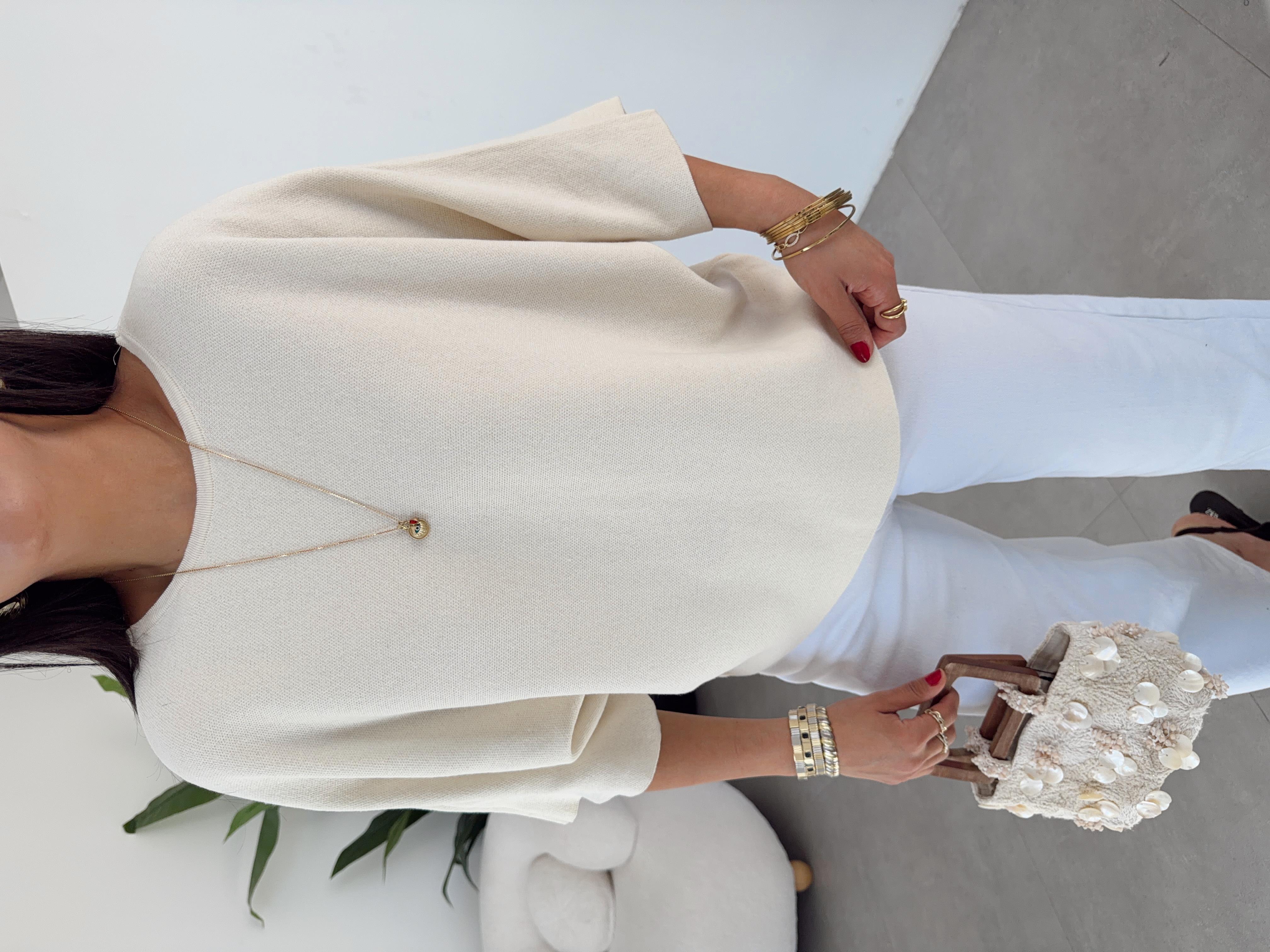 Ham Ekru Dantel Detaylı Triko Bluz