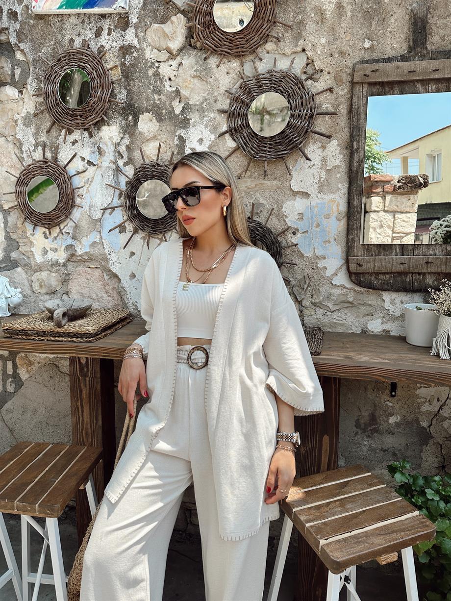 Ham Ekru Dikiş Detaylı Kimono
