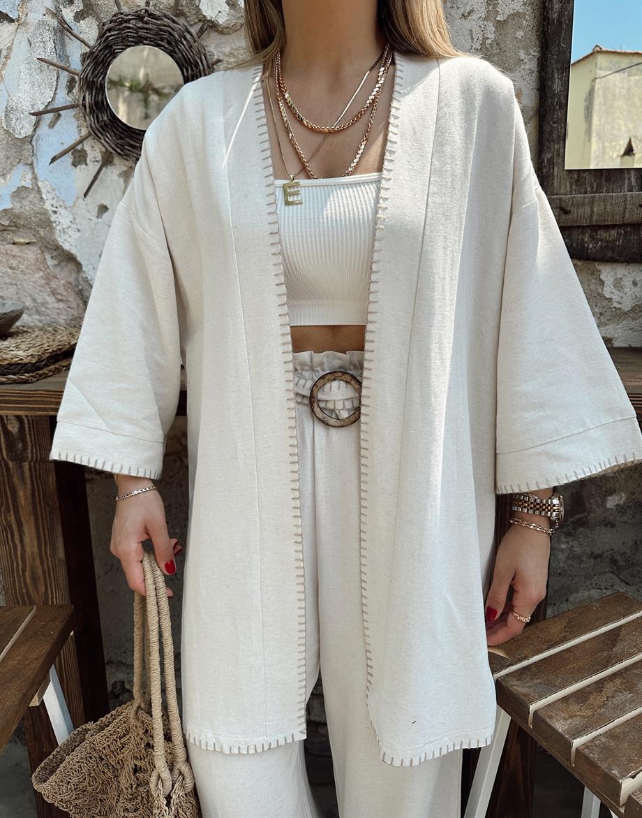 Ham Ekru Dikiş Detaylı Kimono