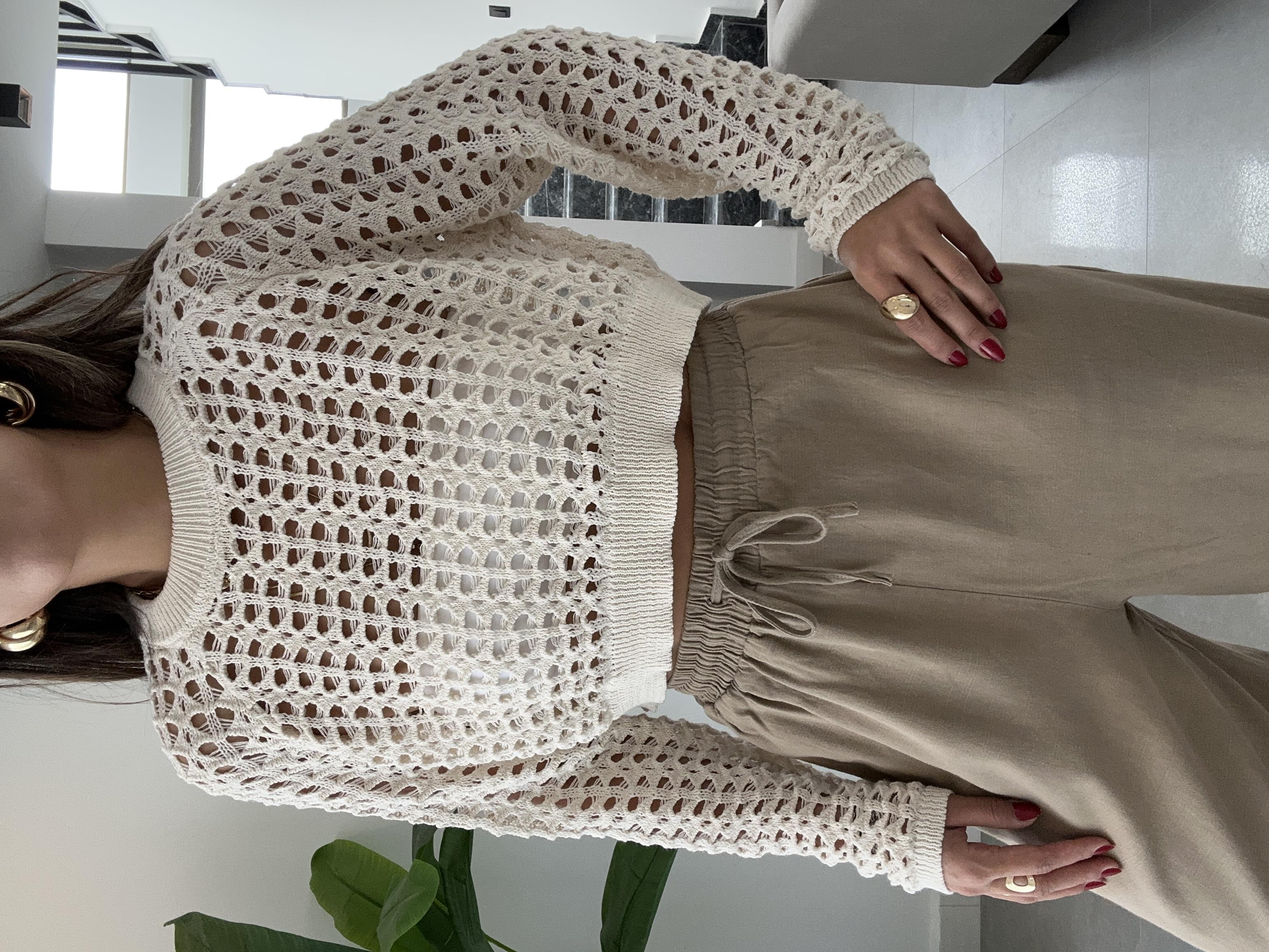 Ham Ekru Soluk Efektli Triko Kazak