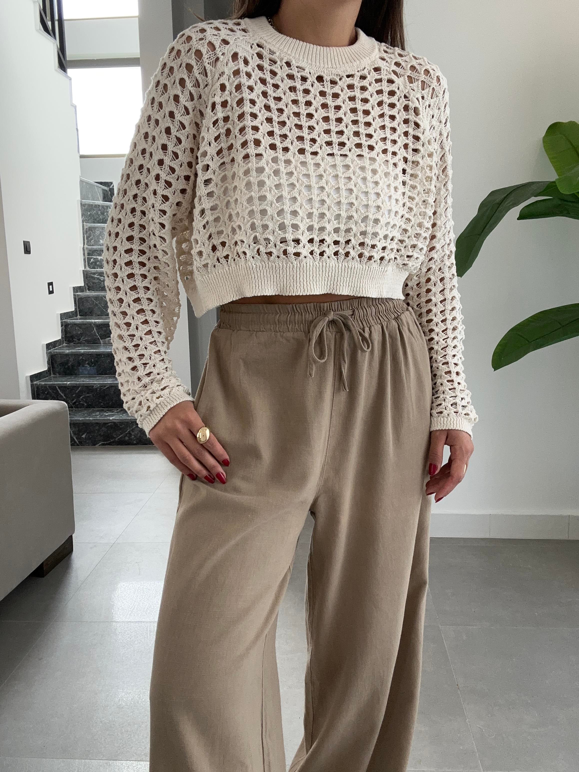 Ham Ekru Soluk Efektli Triko Kazak