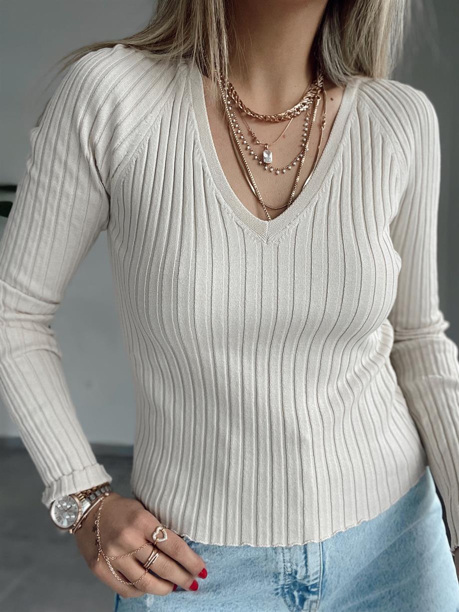 Ham Ekru V Yaka Fitilli Triko