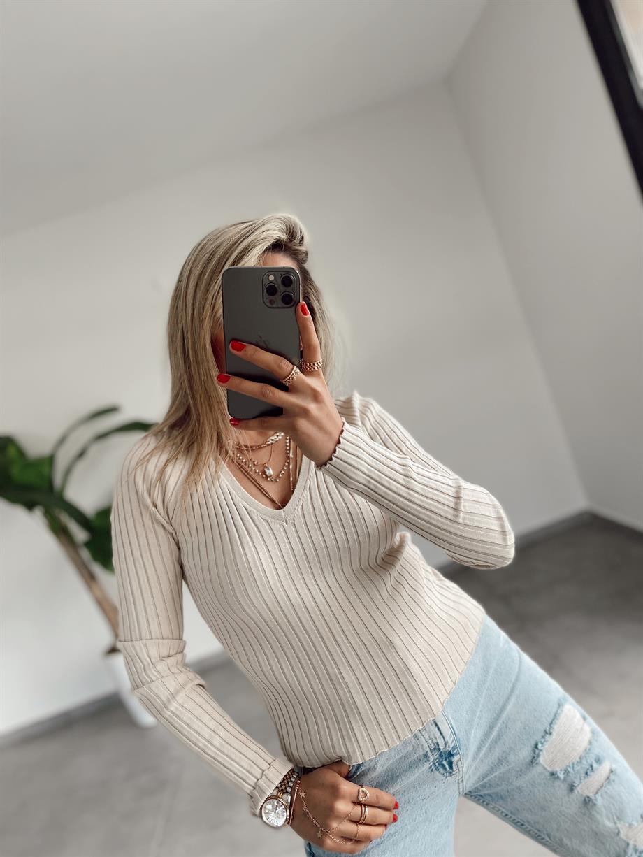 Ham Ekru V Yaka Fitilli Triko