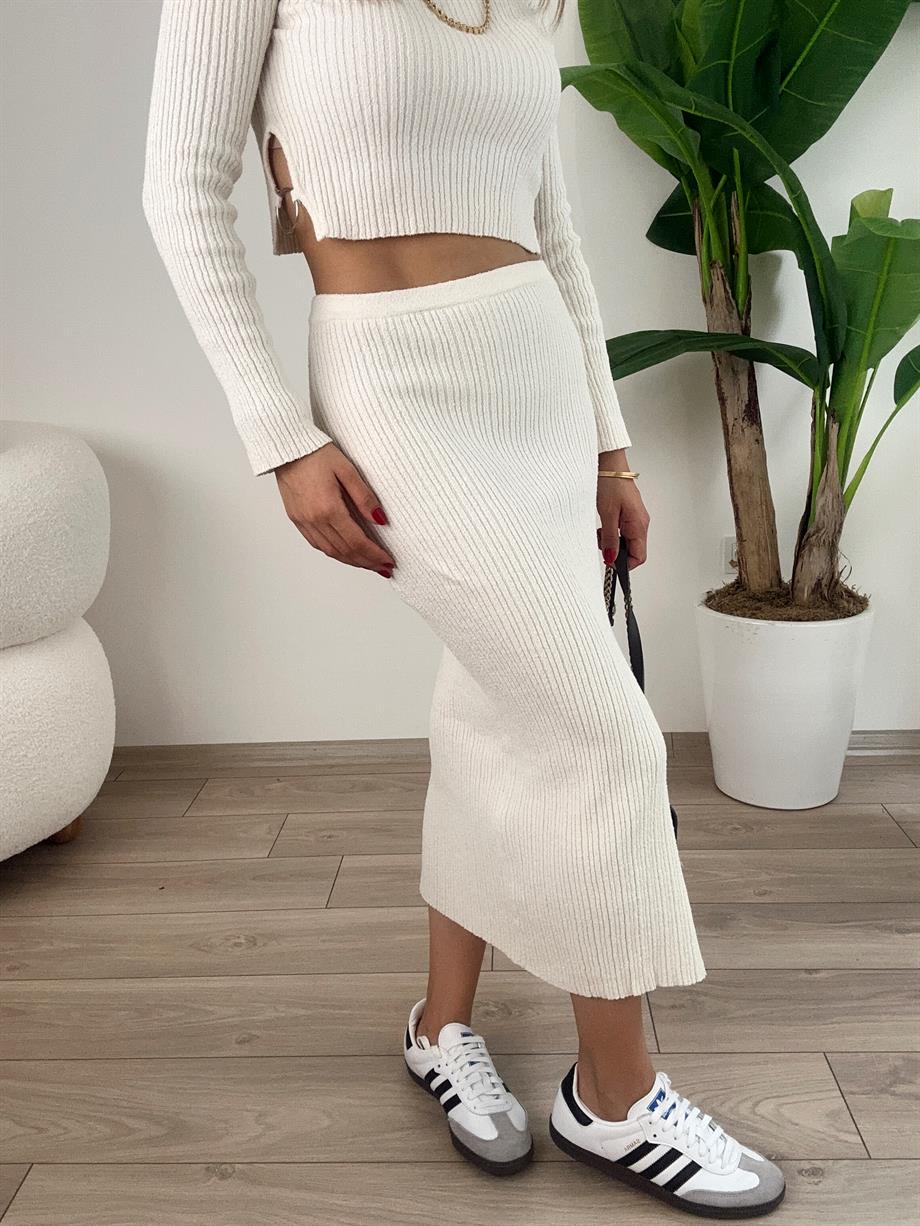 Ham Ekru Yırtmaçlı Triko Etek