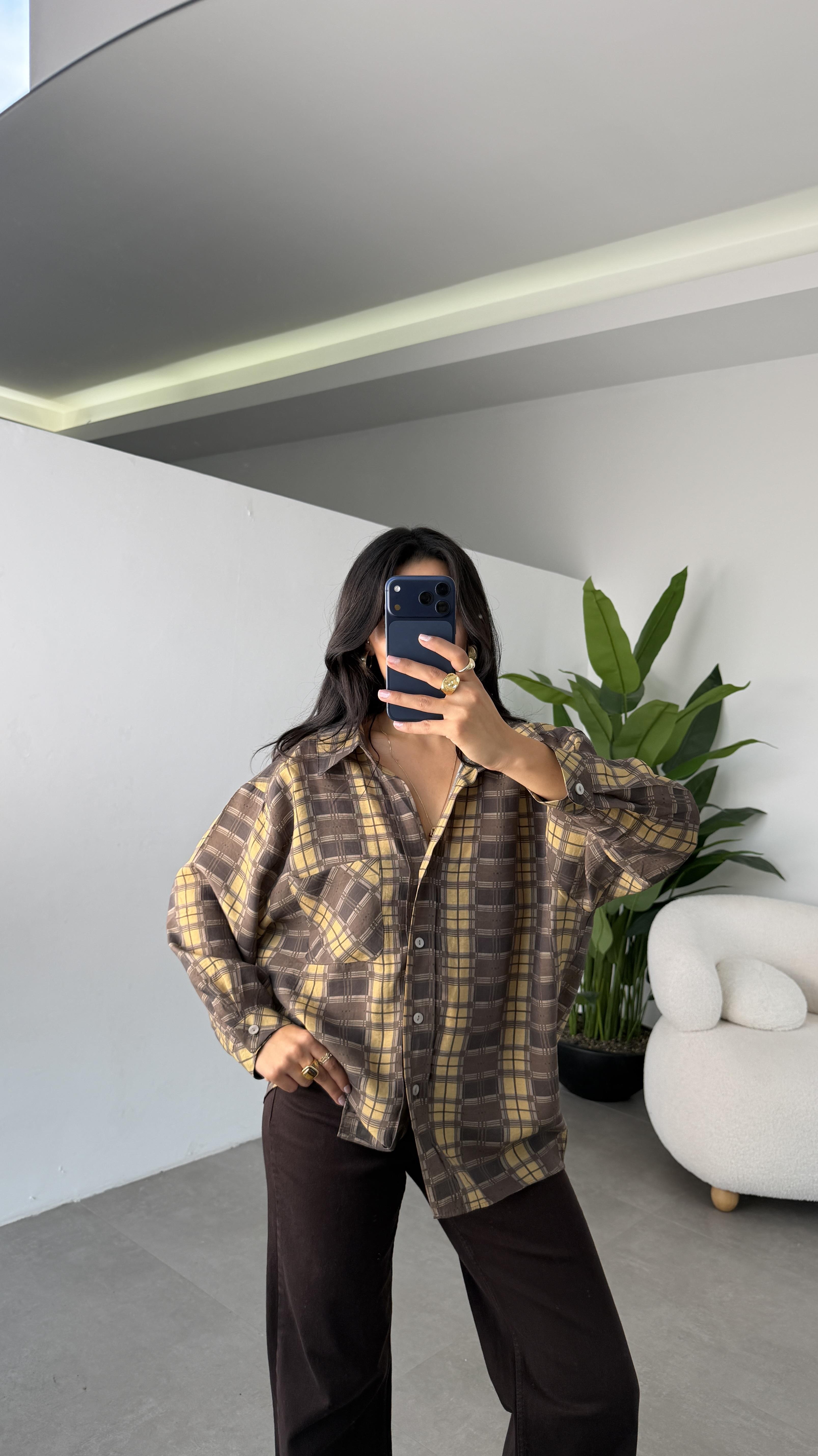 Hardal Baskılı Oversize Gömlek