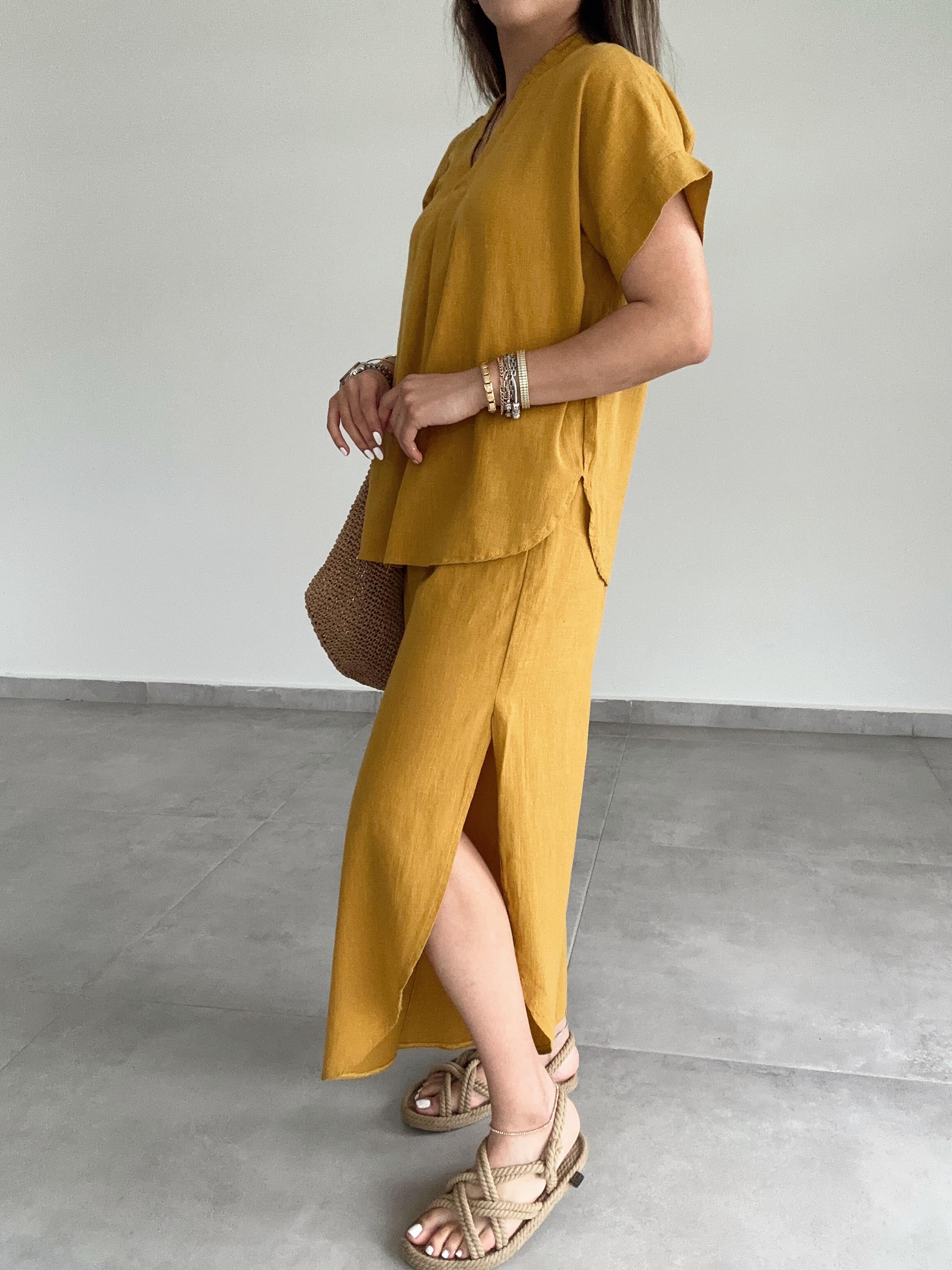 Hardal Pamuk Keten Mendil Paça Pantolon