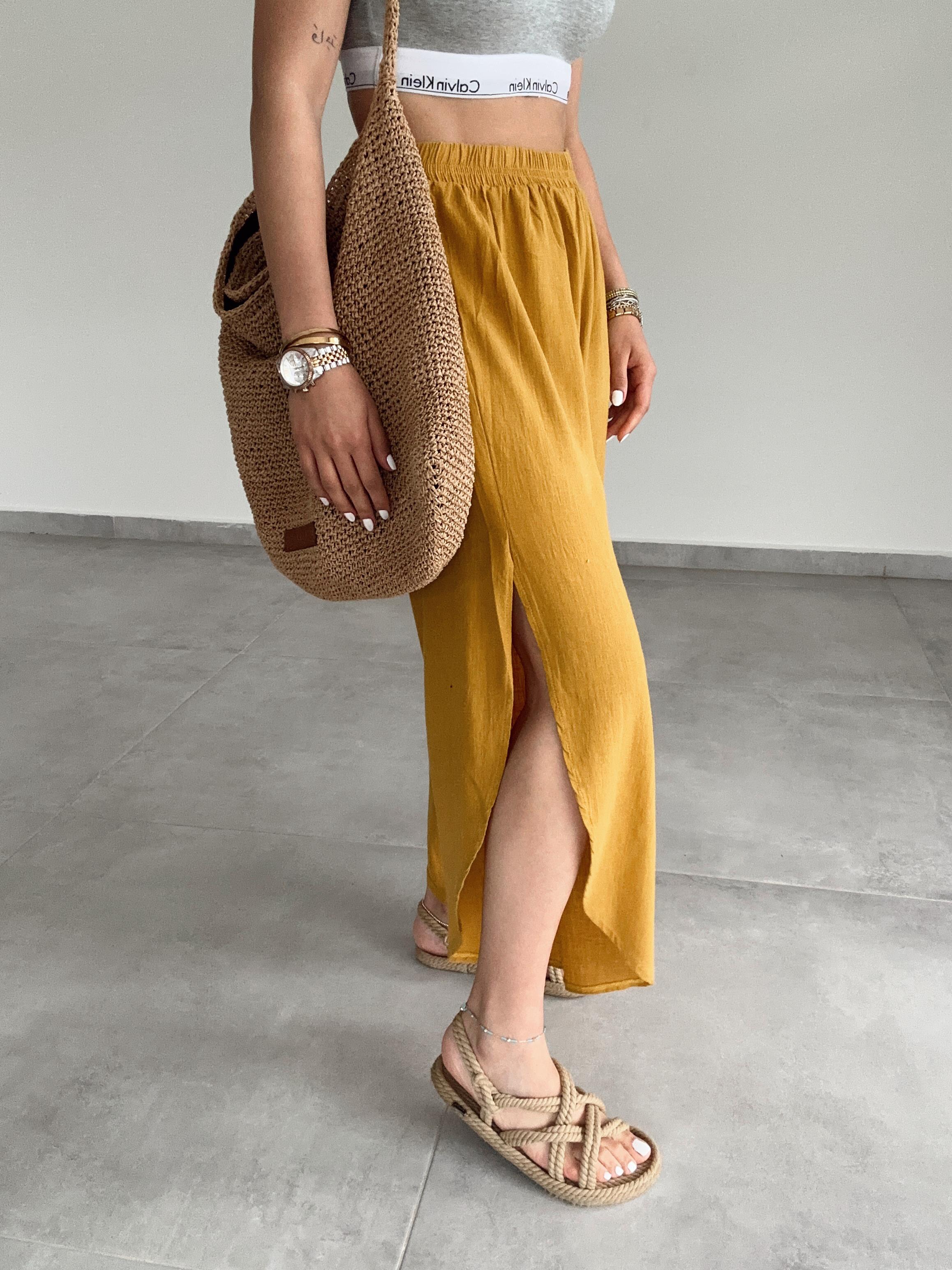 Hardal Pamuk Keten Mendil Paça Pantolon