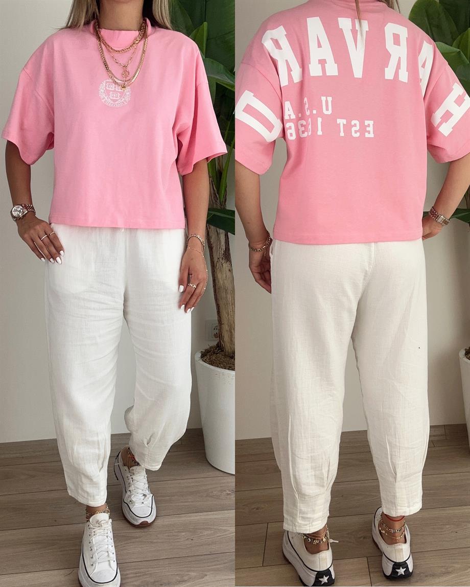 Harvard Pembe Baskılı Tişört