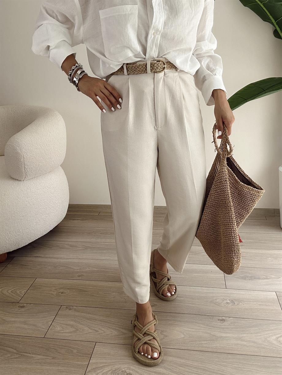 Hasır Kemerli Taş Keten Pantolon