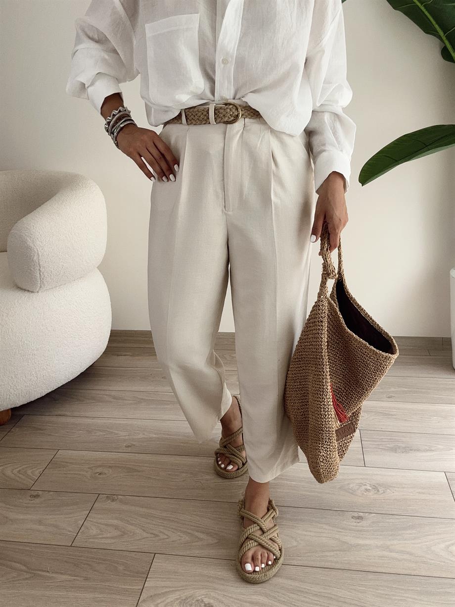 Hasır Kemerli Taş Keten Pantolon