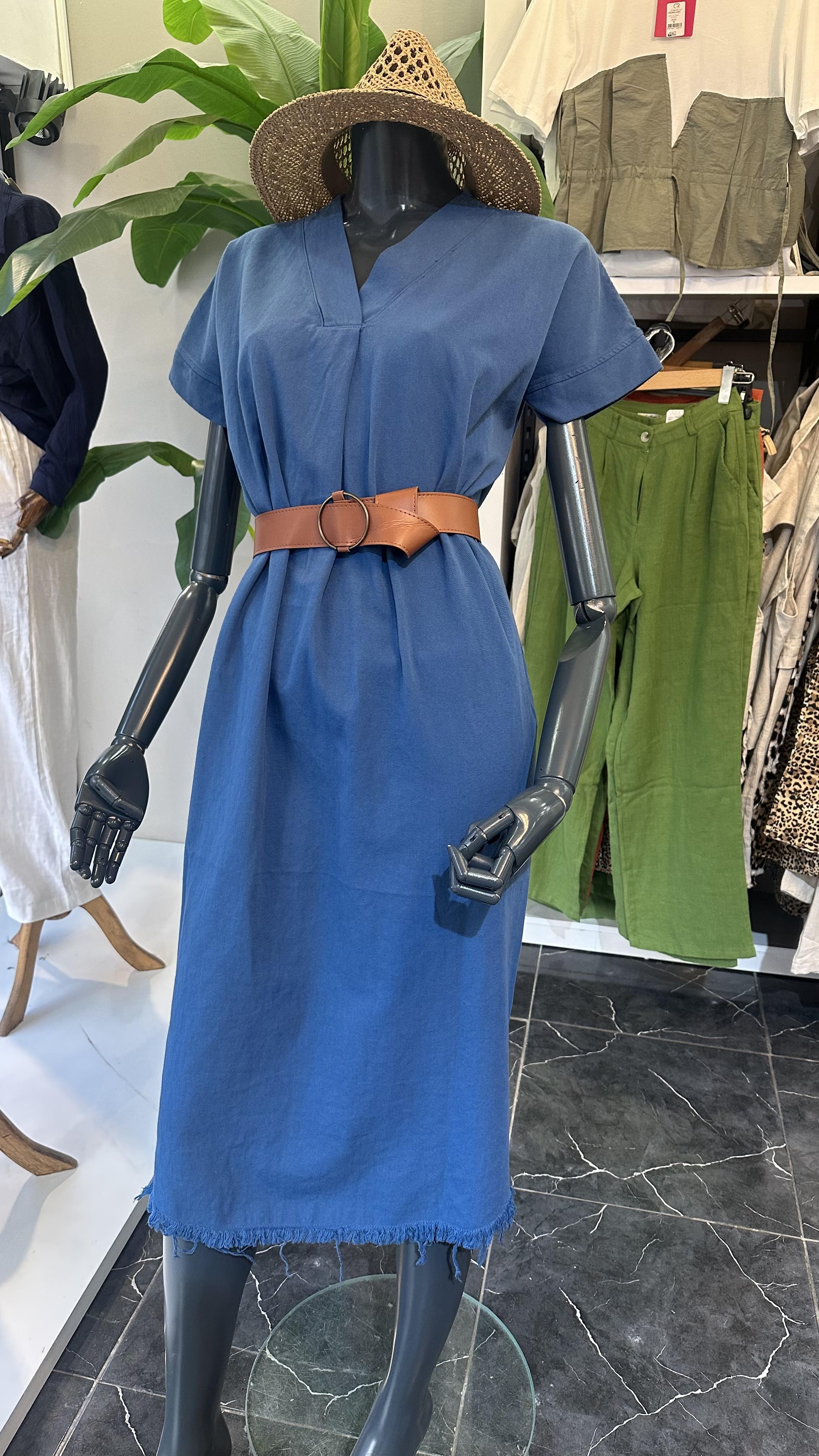 Henda Saks Kemer Detaylı V Yaka Elbise